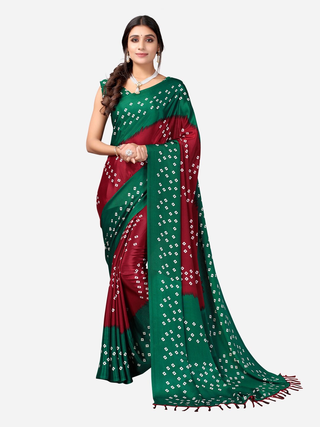 

SIRIL Maroon & Green Printed Silk Blend Bandhani Saree