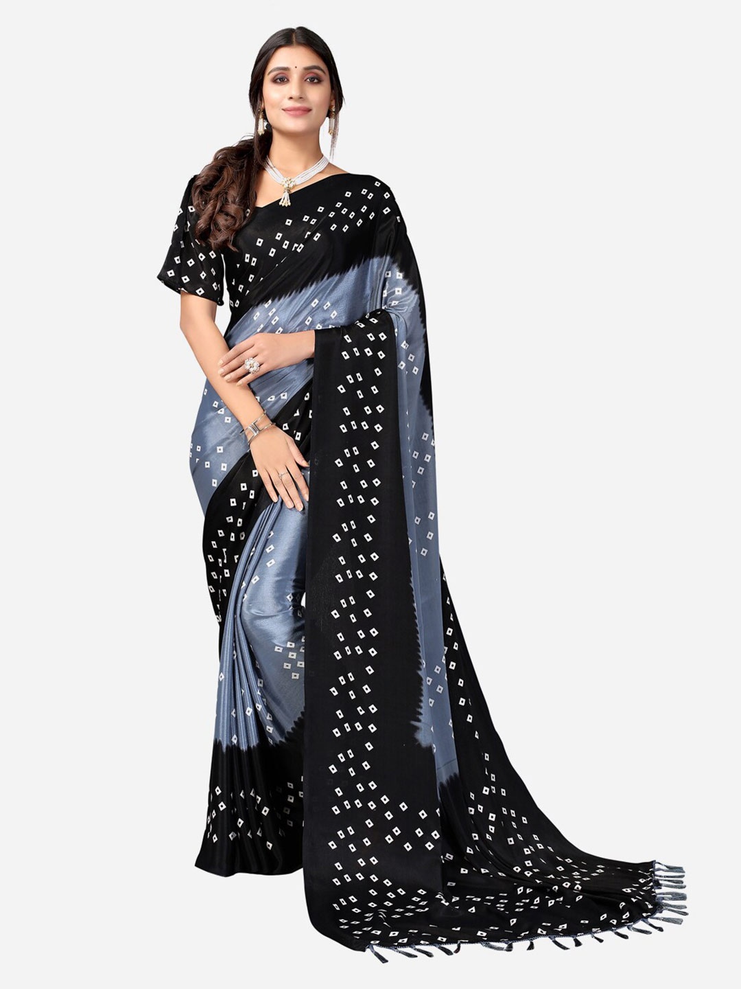 

SIRIL Black & Grey Bandhani Printed Silk Blend Bandhani Saree