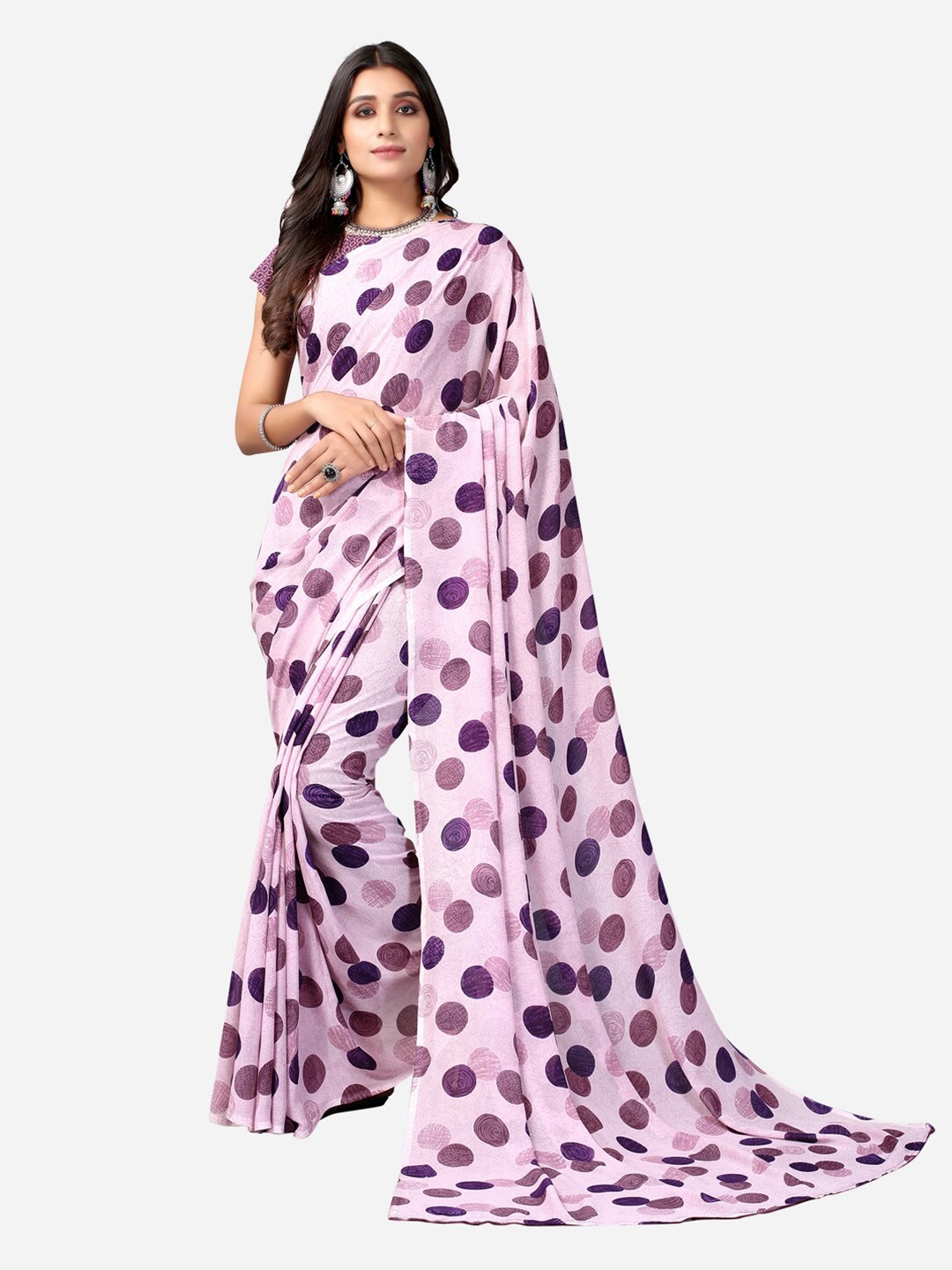 

SIRIL Mauve & Blue Polka Dot Printed Saree