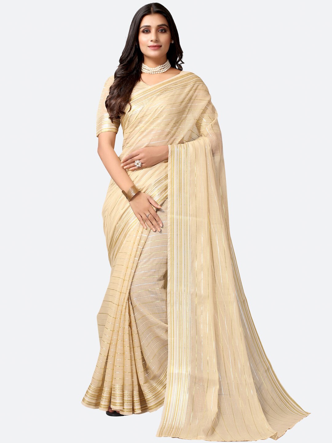 

SIRIL Beige & Golden Striped Zari Saree