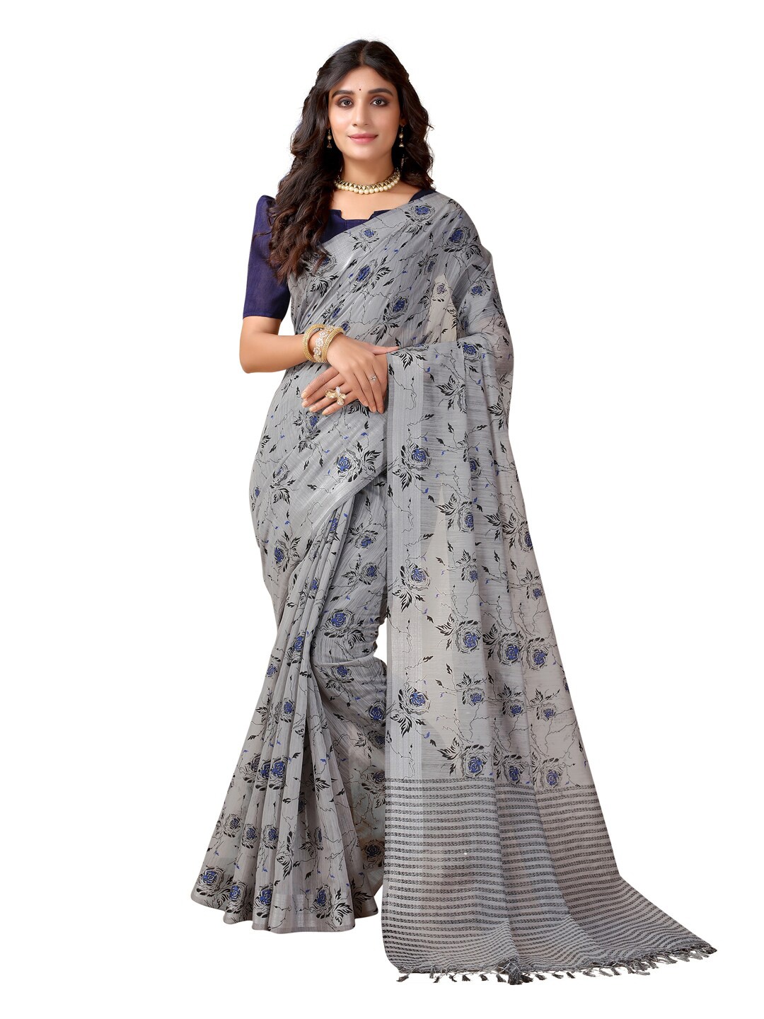 

SIRIL Grey & Navy Blue Floral Printed Saree