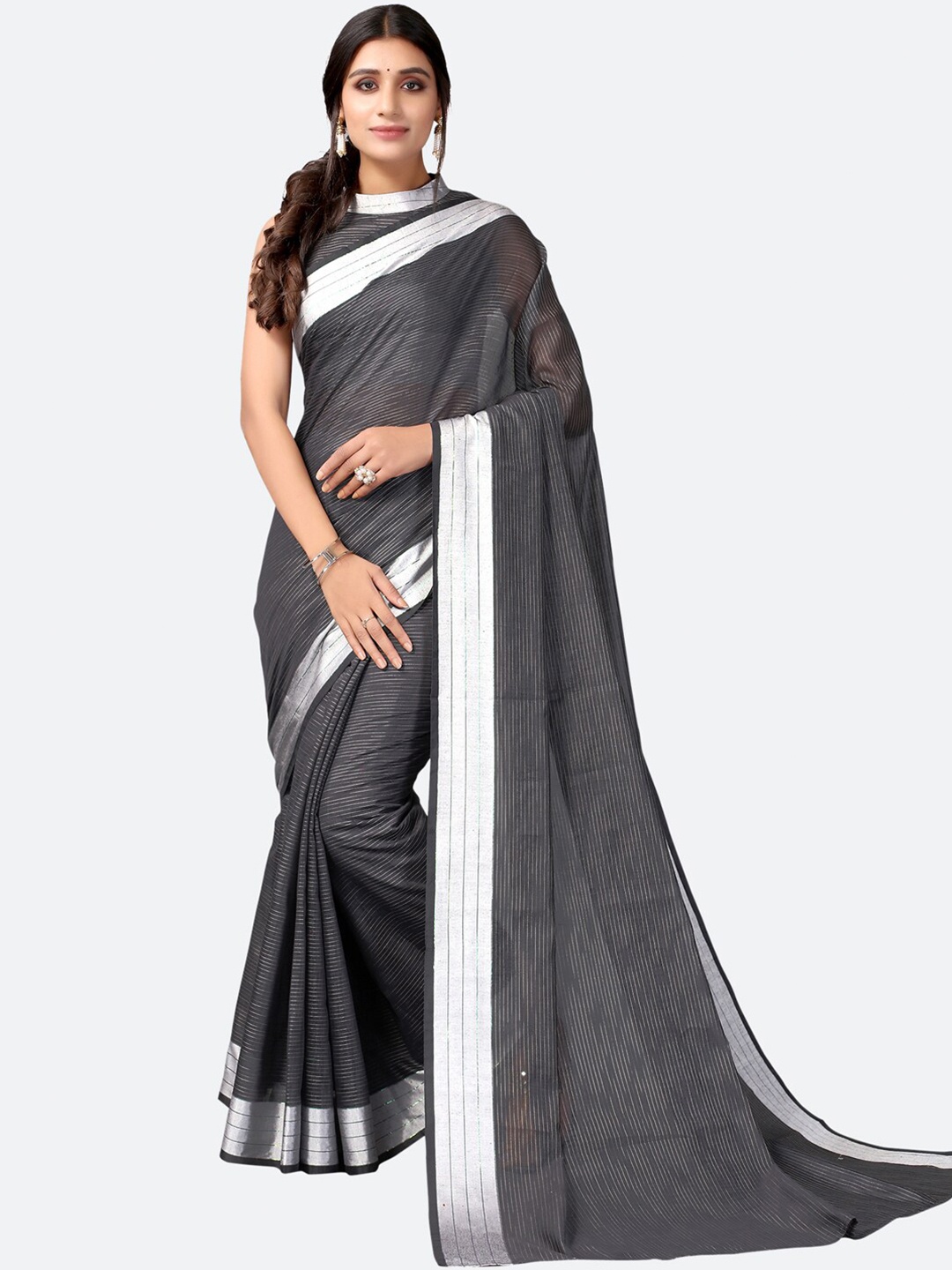 

SIRIL Grey & Silver Striped Zari Saree