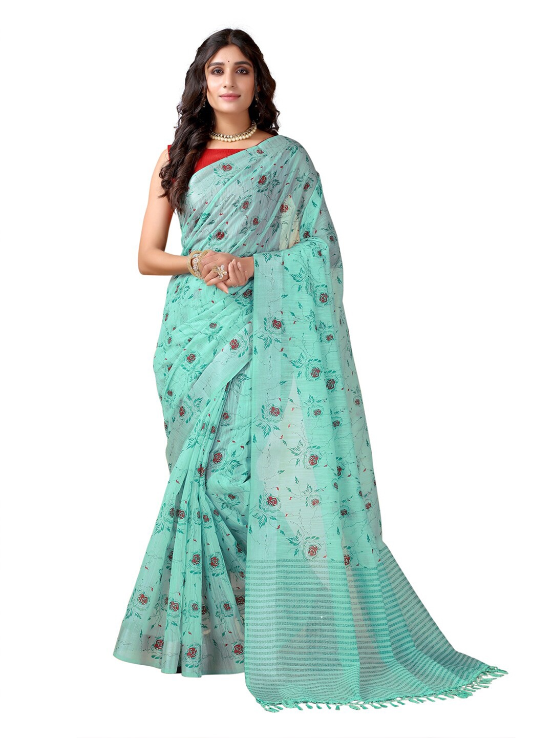 

SIRIL Turquoise Blue & Red Floral Printed Saree
