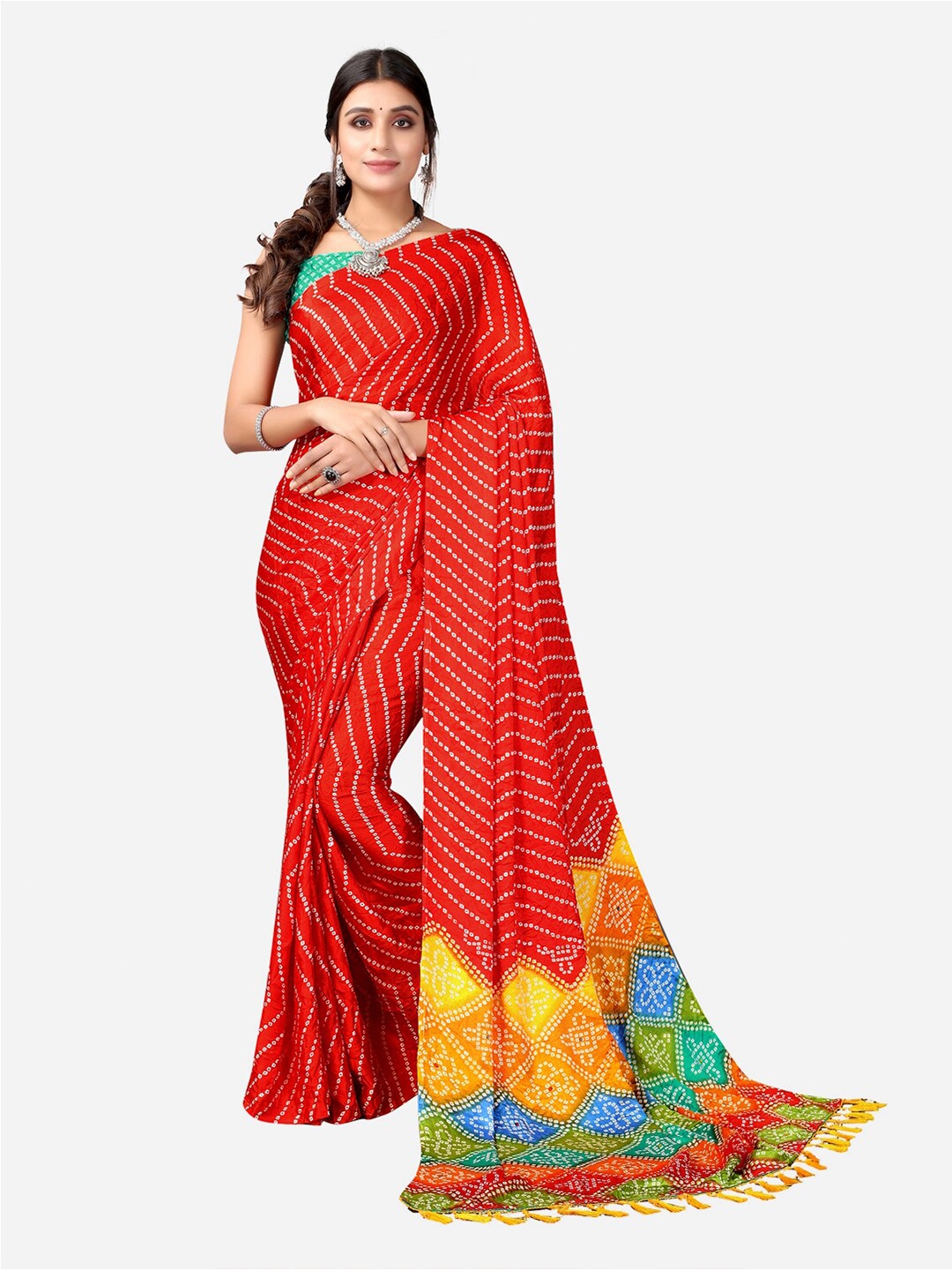 

SIRIL Red & Blue Bandhani Printed Silk Blend Bandhani Saree