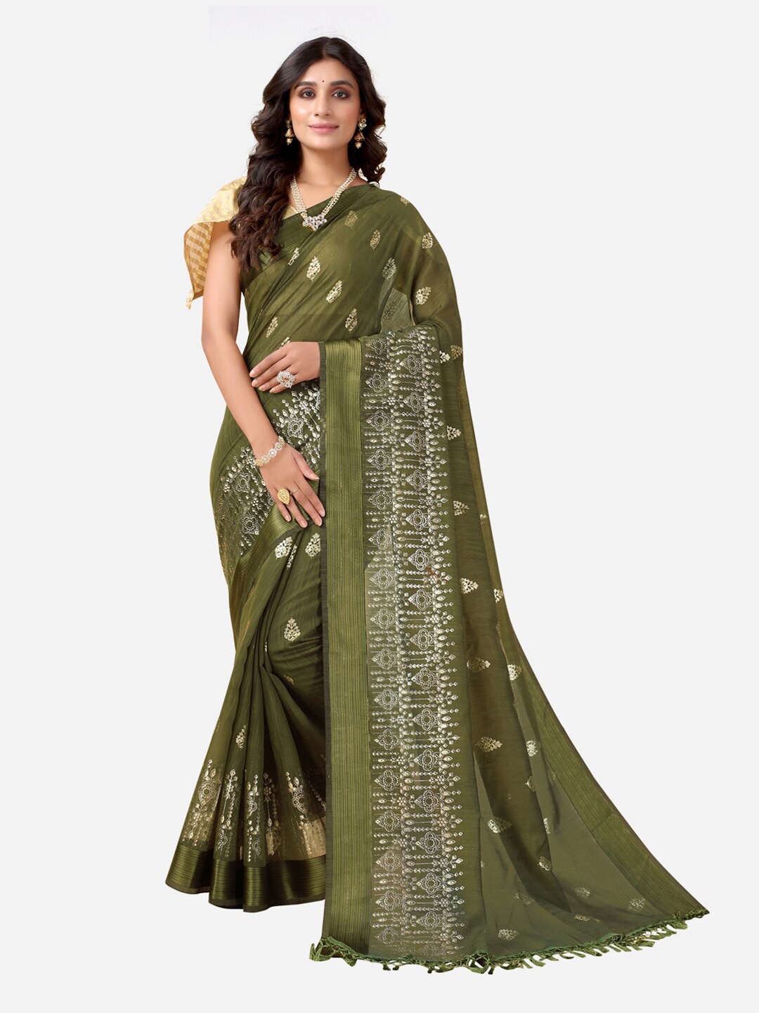 

SIRIL Olive Green & Gold-Toned Ethnic Motifs Printed Saree