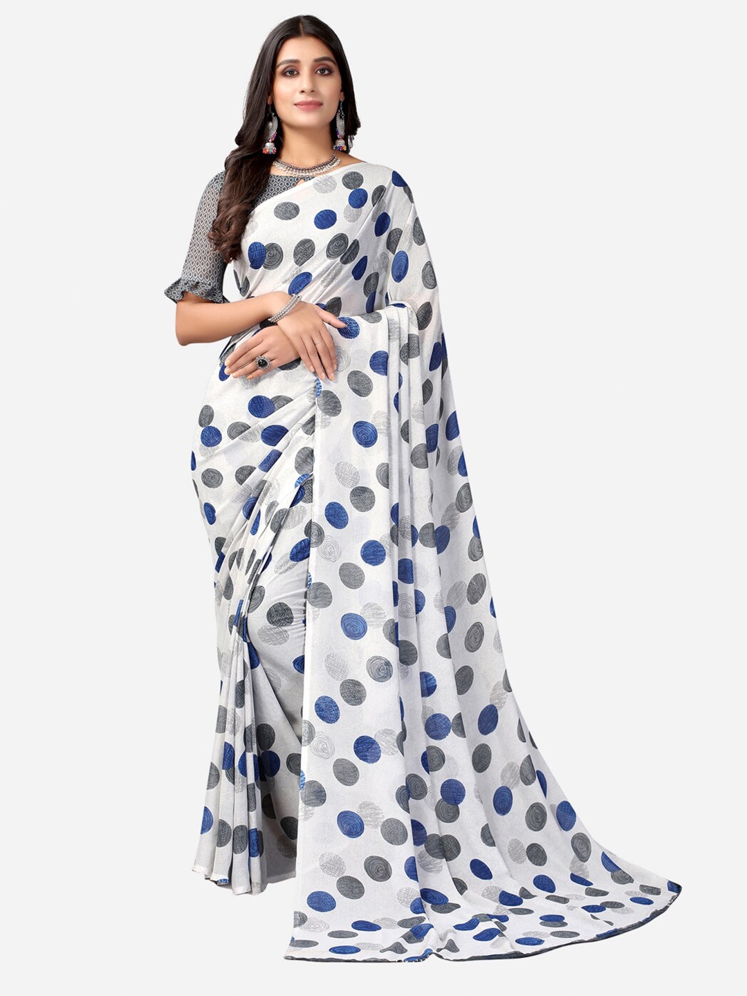 

SIRIL Grey Polka Dots Printed Poly Georgette Saree