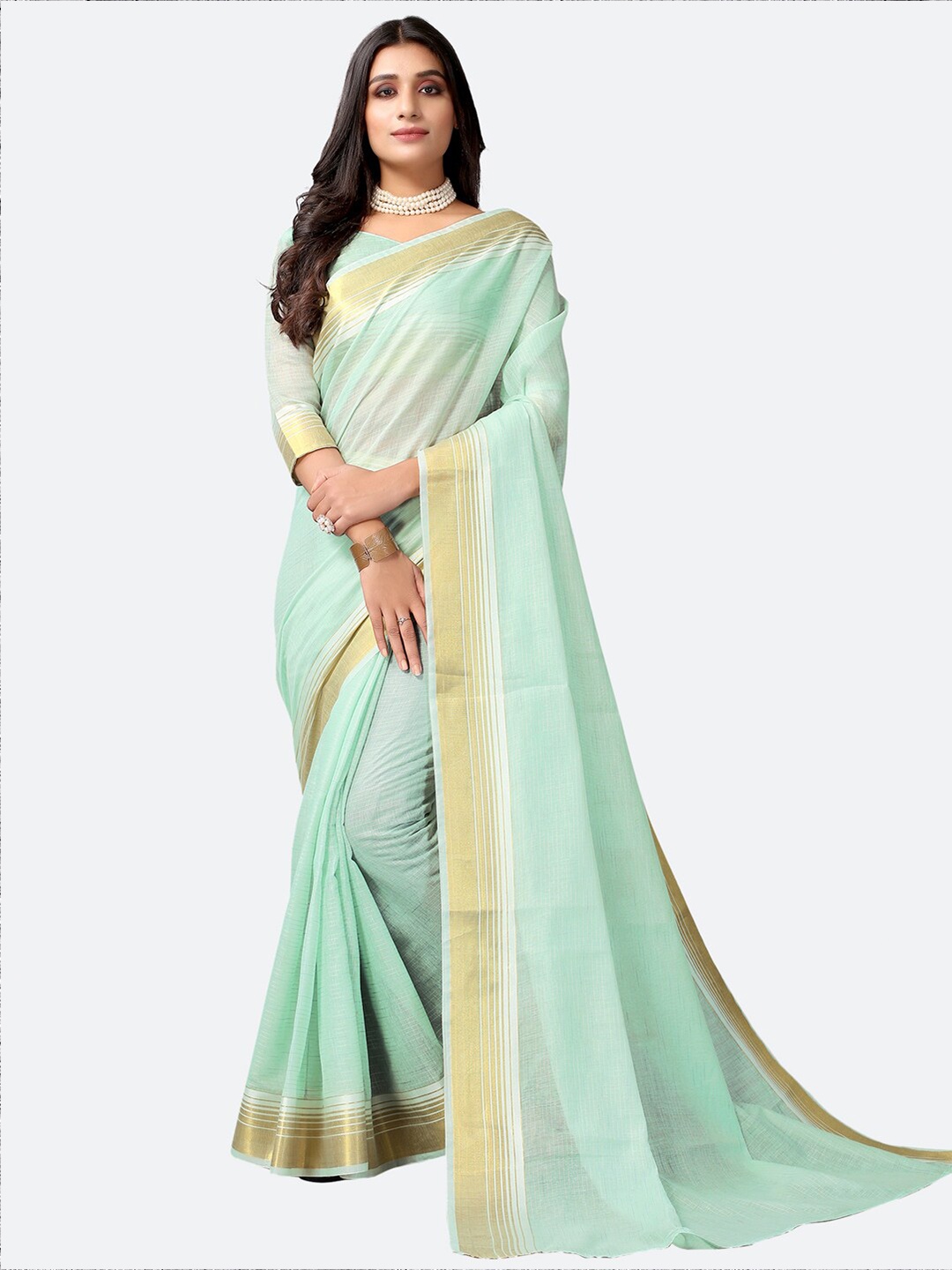 

SIRIL Green & Gold-Toned Solid Woven Design Zari Saree