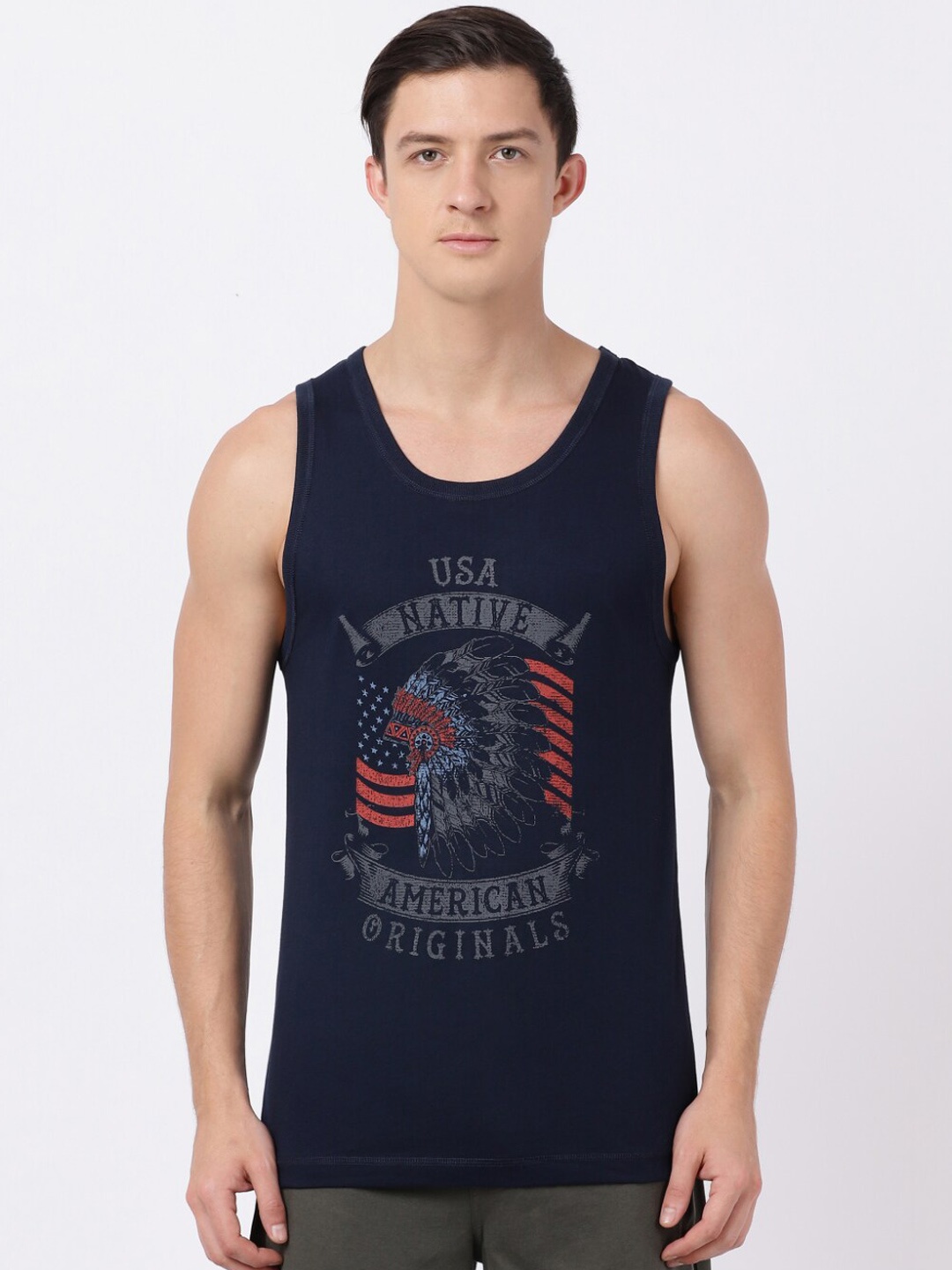

Jockey Men Navy Blue Printed Round Neck Cotton Tank Lounge T-shirt