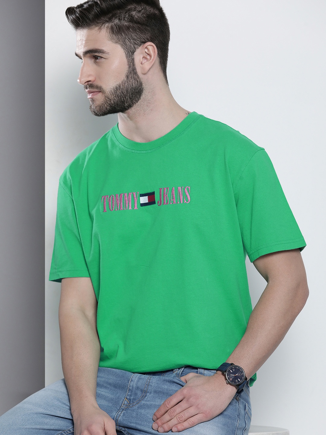 

Tommy Hilfiger Men Green Brand Logo Printed Pure Cotton T-shirt