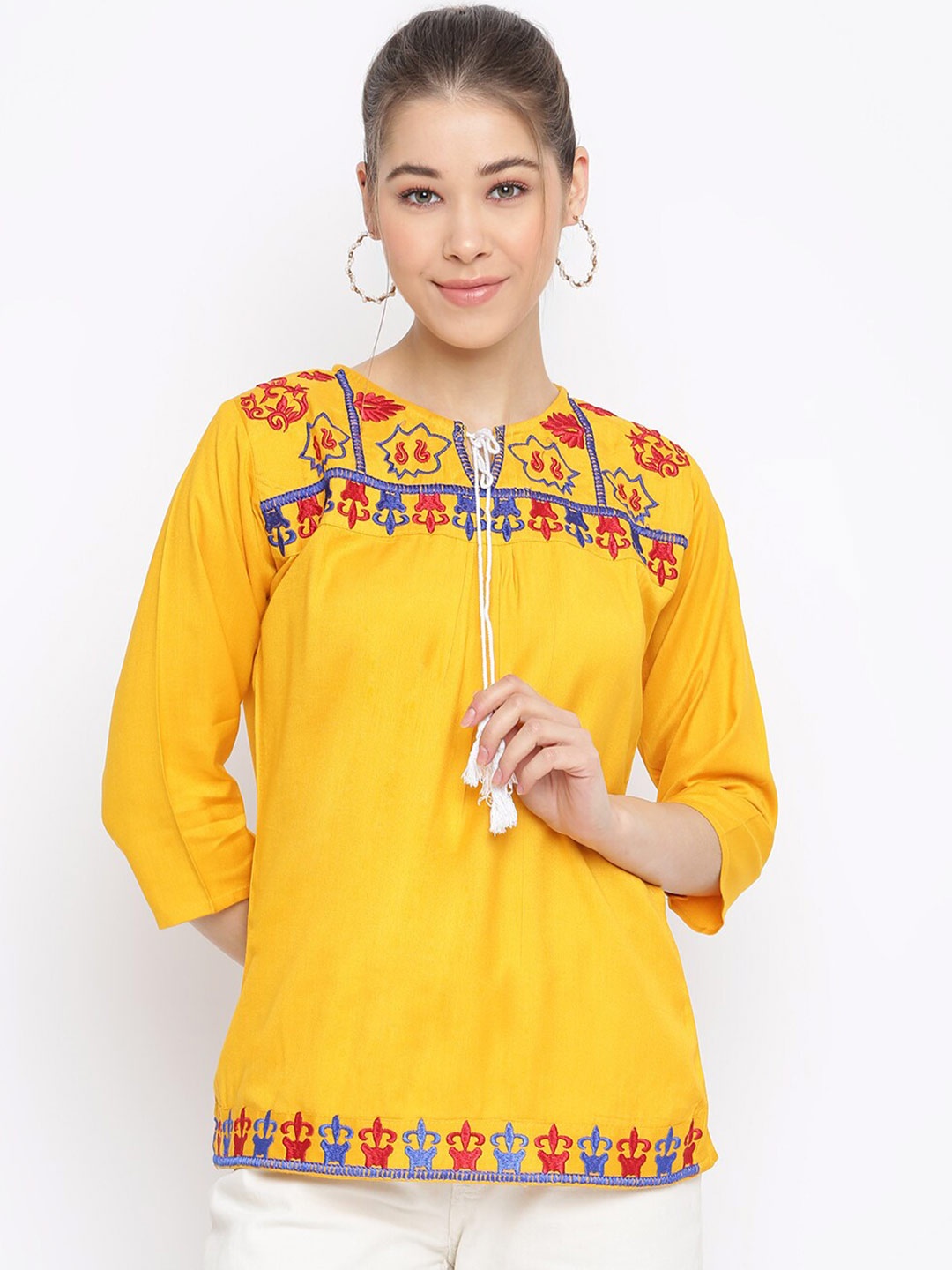 

Mayra Women Yellow & Red Embroidered Pure Cotton Top