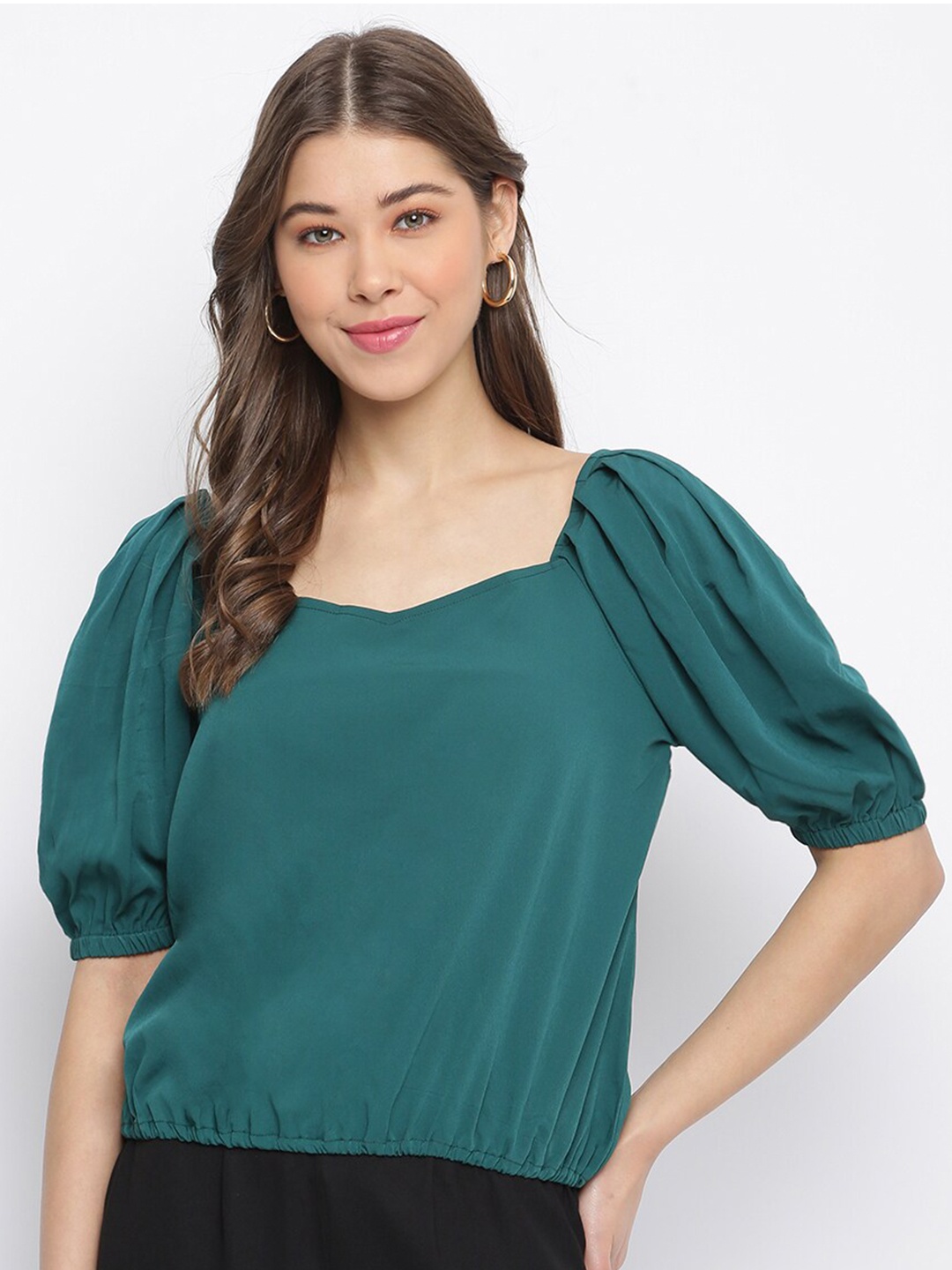 

Mayra Teal Sweetheart Neck Crepe Blouson Crop Top