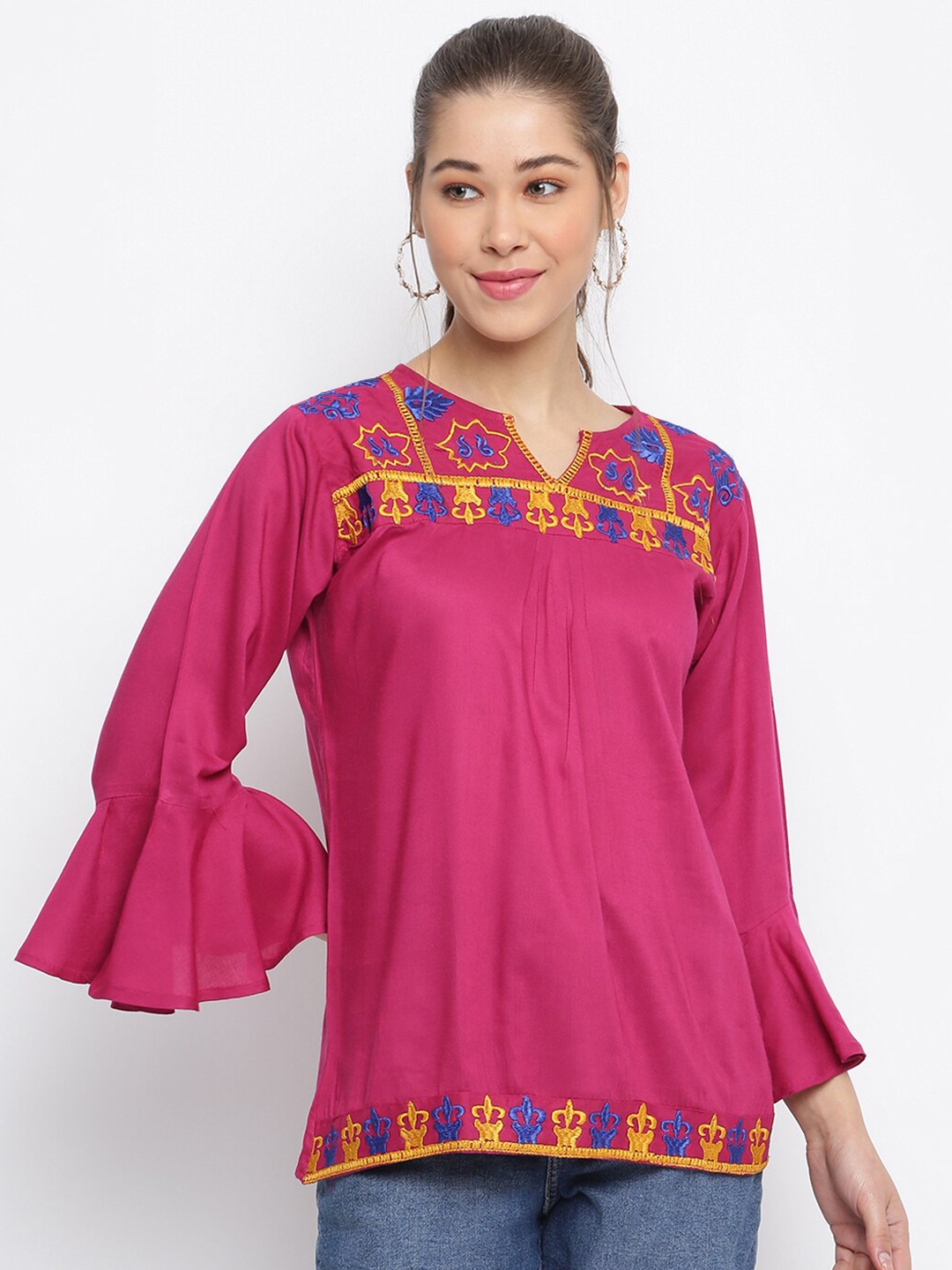 

Mayra Women Maroon Cotton Embroidered Top With Bell Sleeves