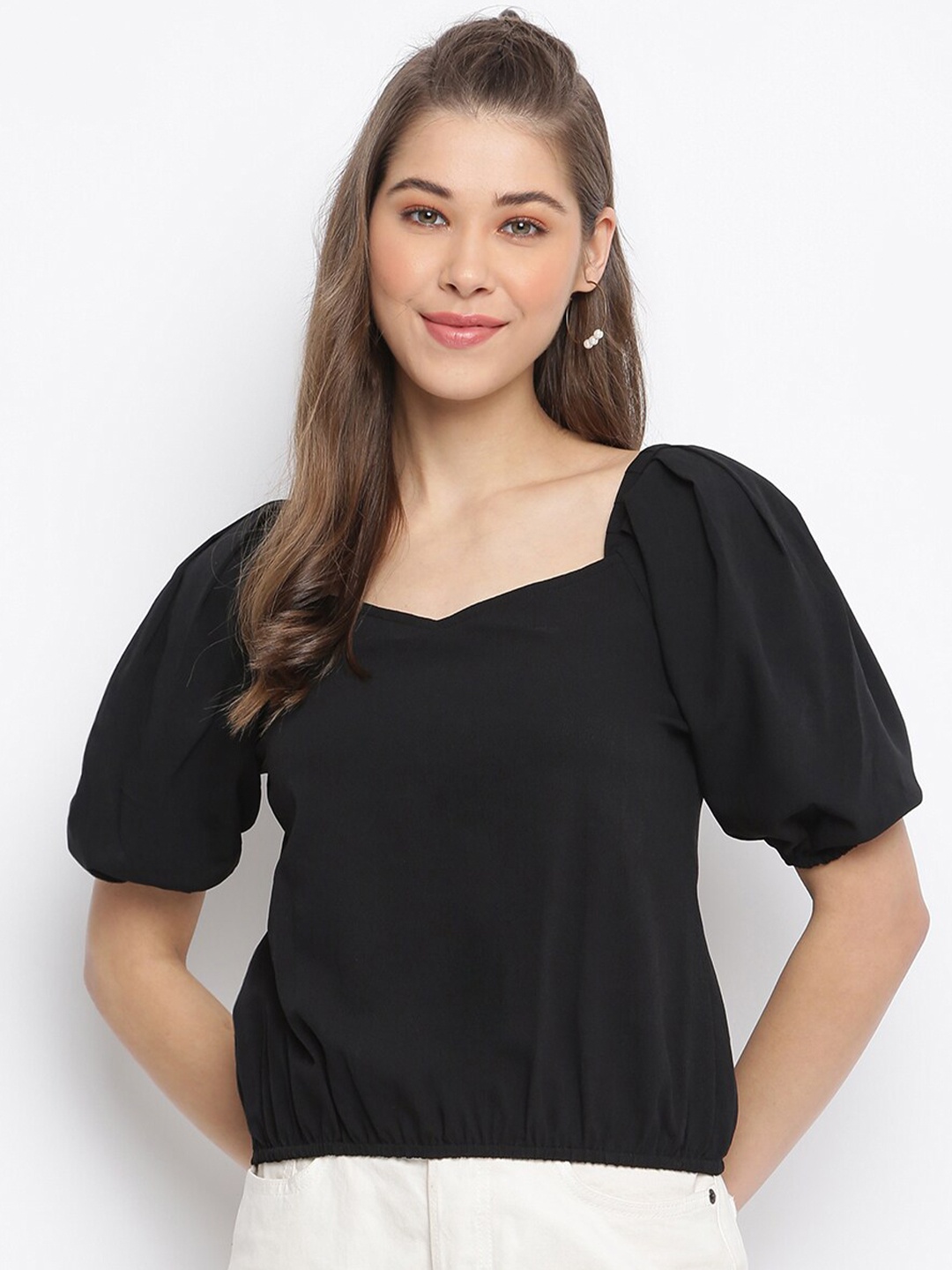 

Mayra Black Sweetheart Neck Puff Sleeve Crepe Blouson Top