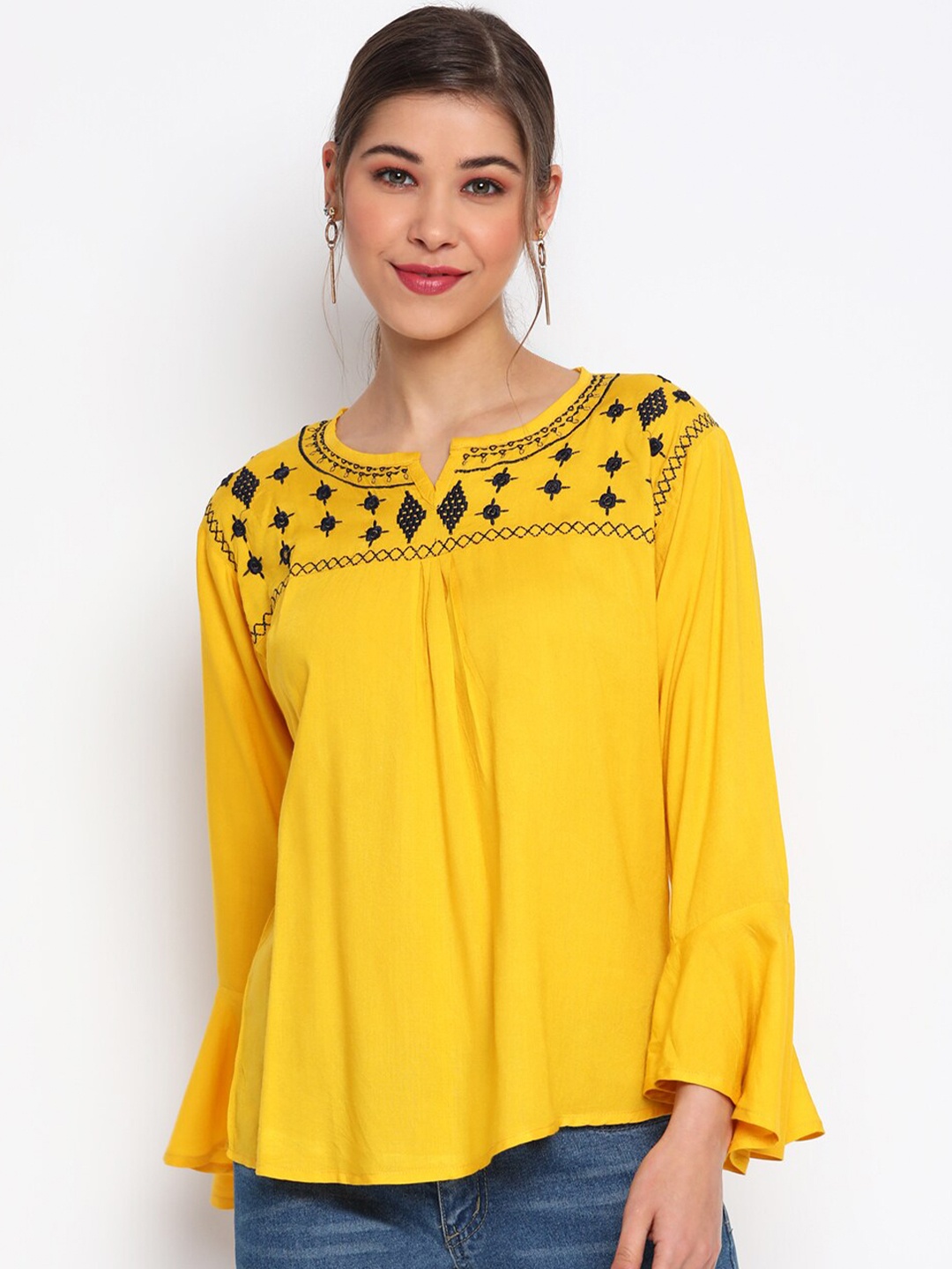 

Mayra Women Mustard Yellow Embroidered Top