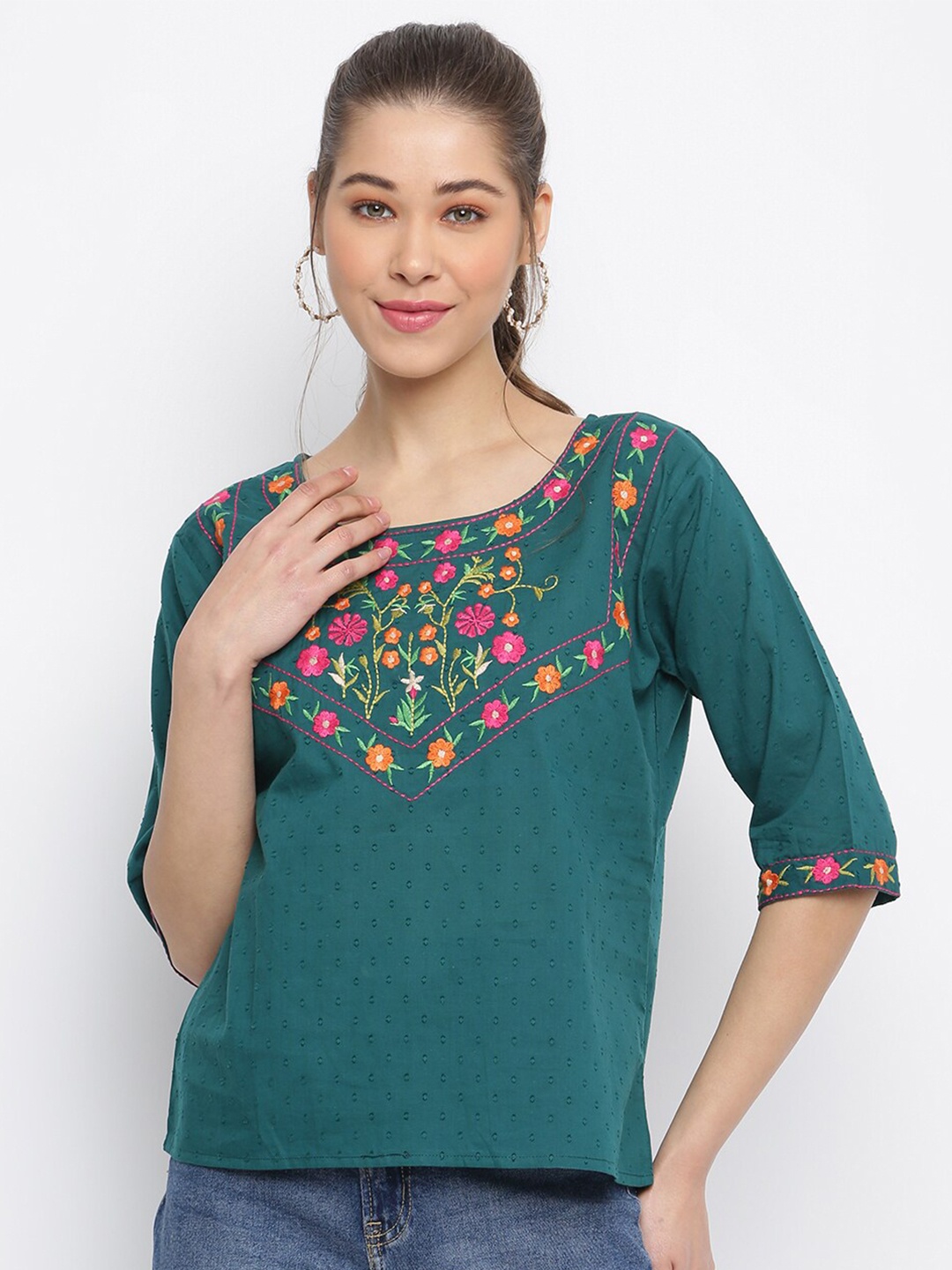 

Mayra Women Green & Pink Floral Embroidered Pure Cotton Regular Top