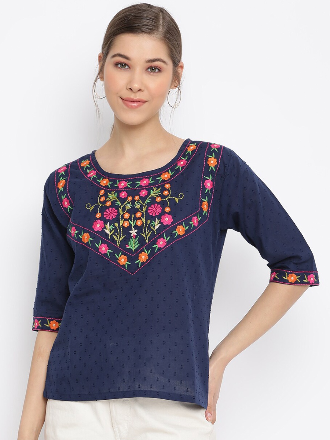 

Mayra Navy Blue Floral Embroidered Dobby Pure Cotton Top