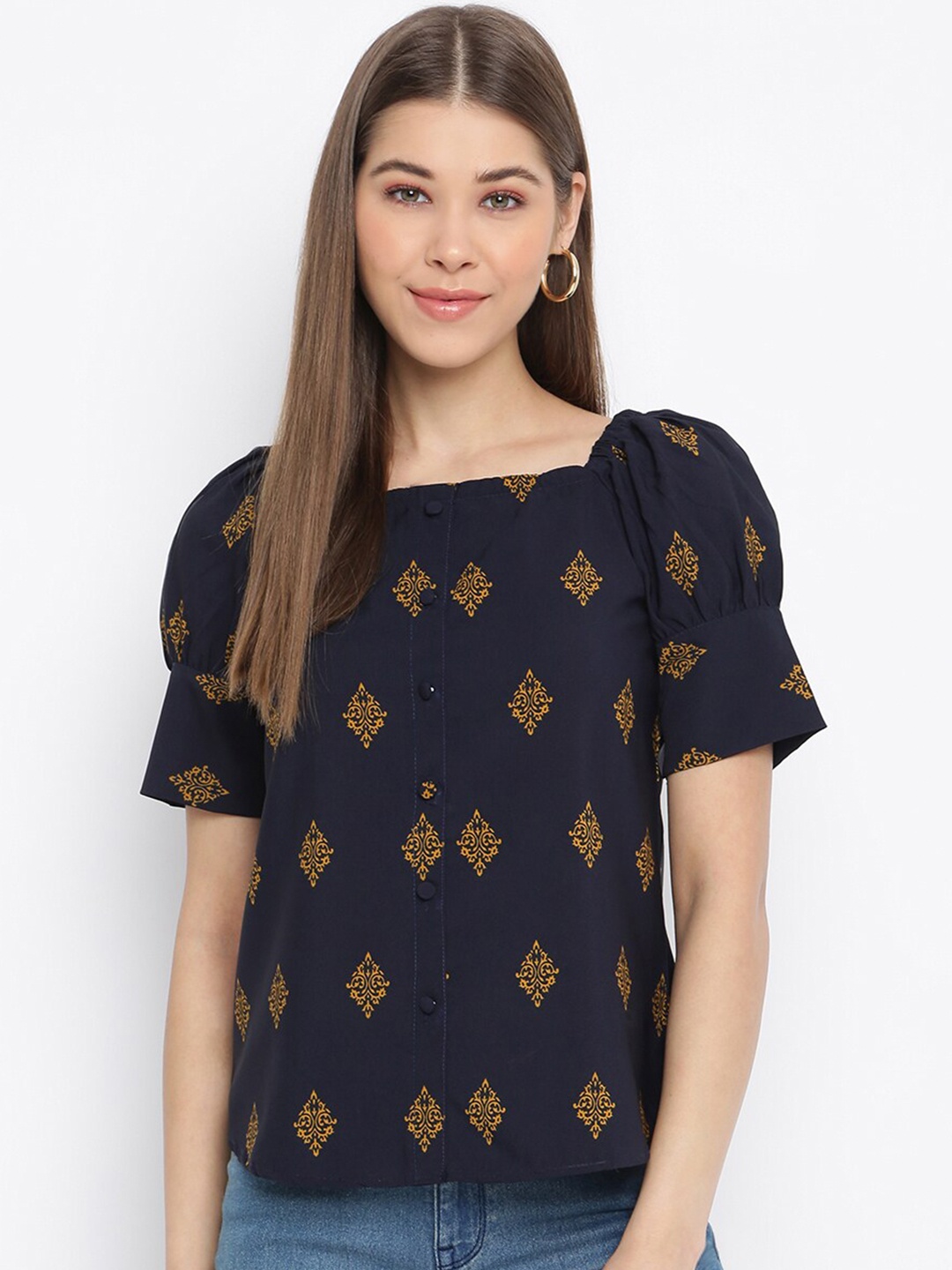 

Mayra Women Navy Blue Print Crepe Top