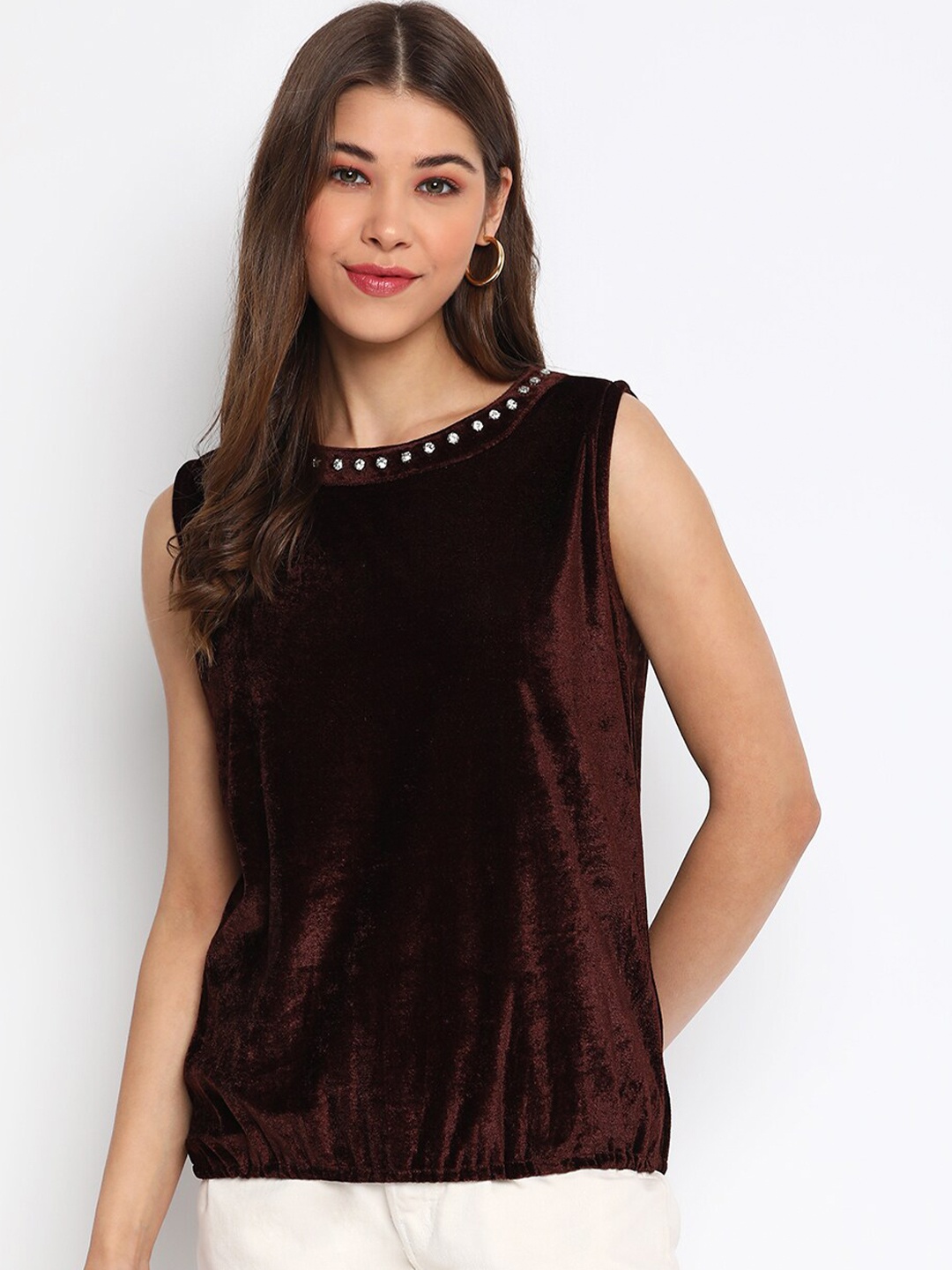 

Mayra Women Brown Studded Velvet Blouson Top