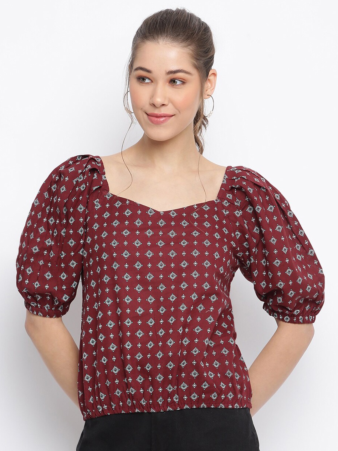 

Mayra Women Maroon & Grey Ethnic Printed Cotton Top