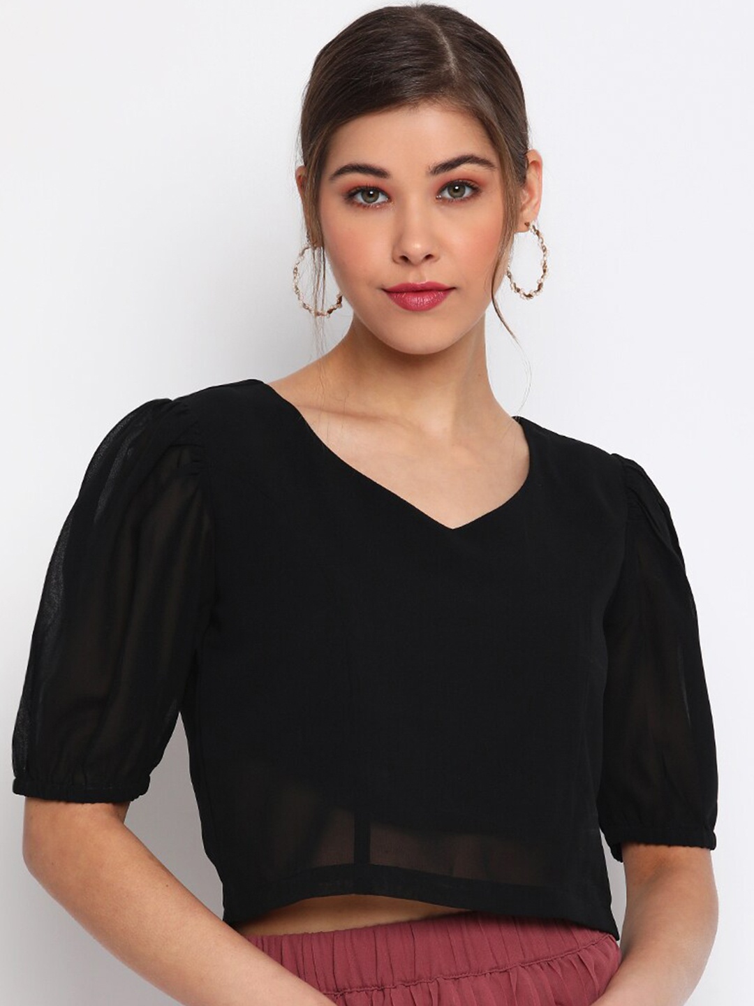 

Mayra Black Georgette Crop Top With Puff Sleeve