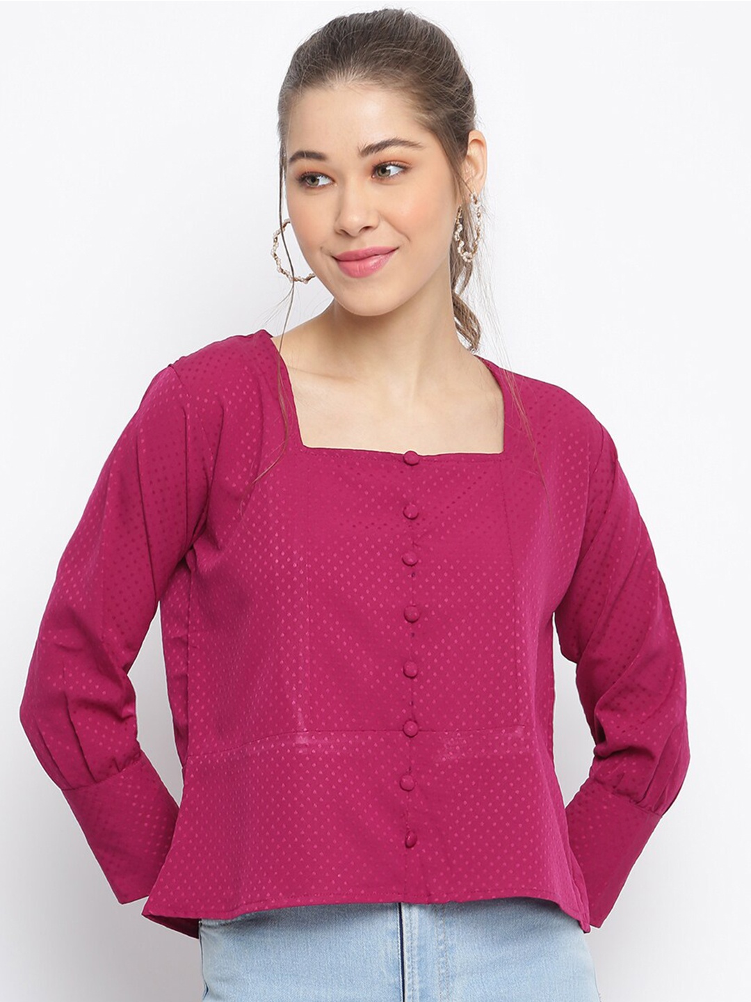 

Mayra Women Burgundy Self Design Crepe Top