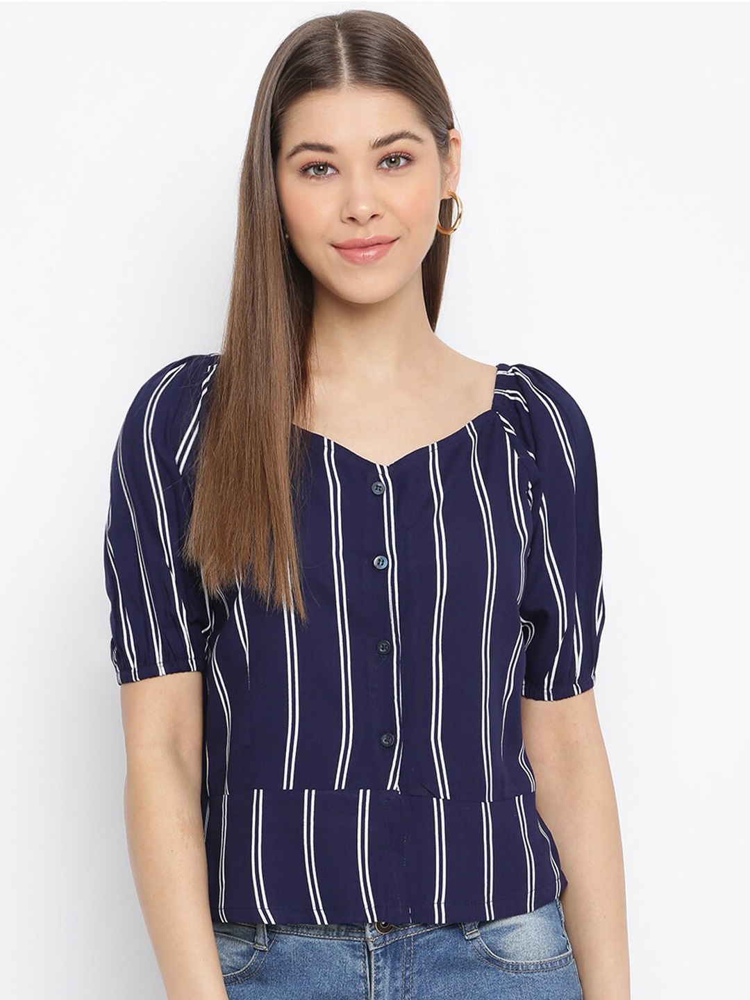 

Mayra Navy Blue Striped Puff Sleeve Rayon Top