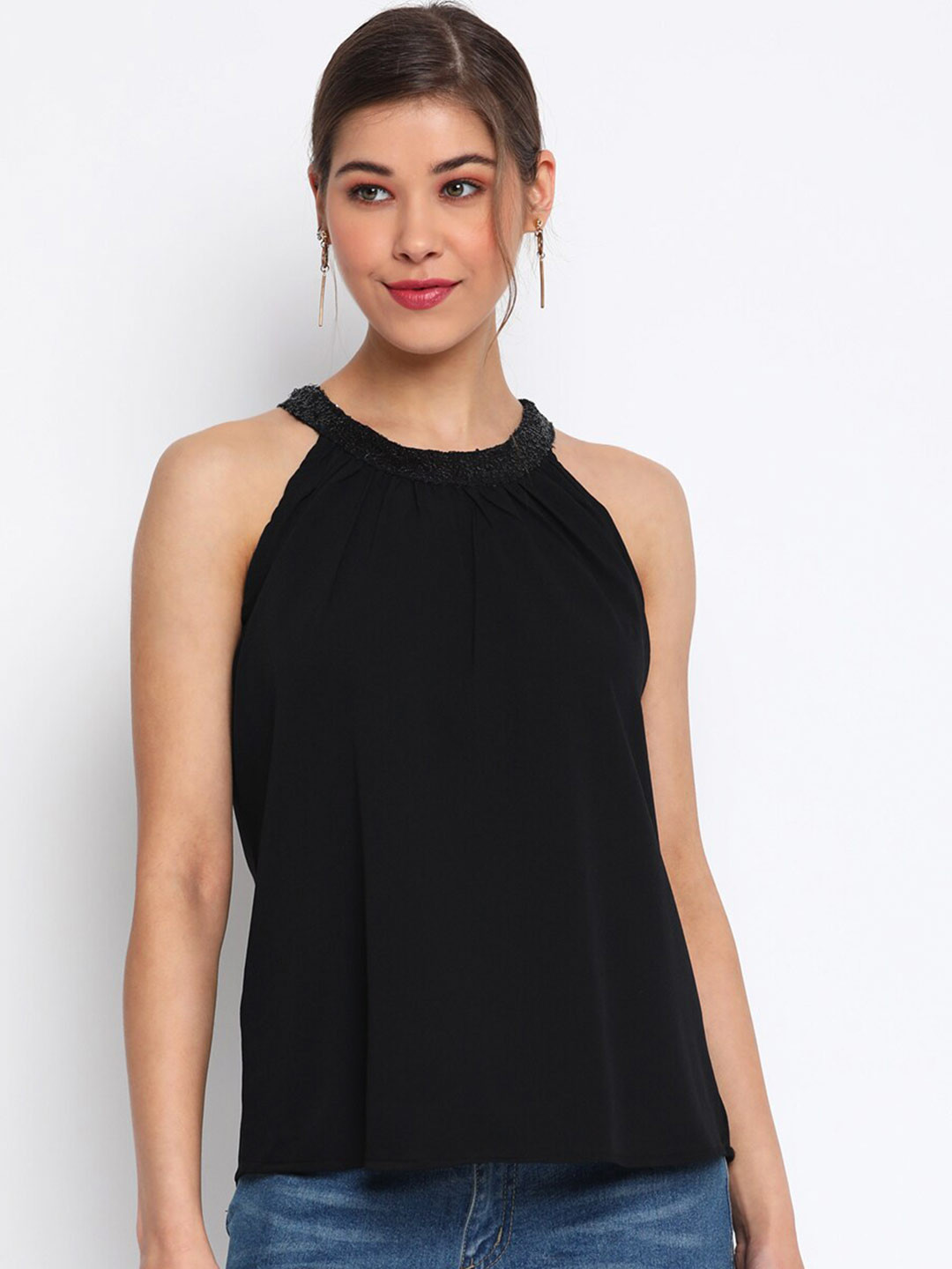

Mayra Black Solid Crepe Top