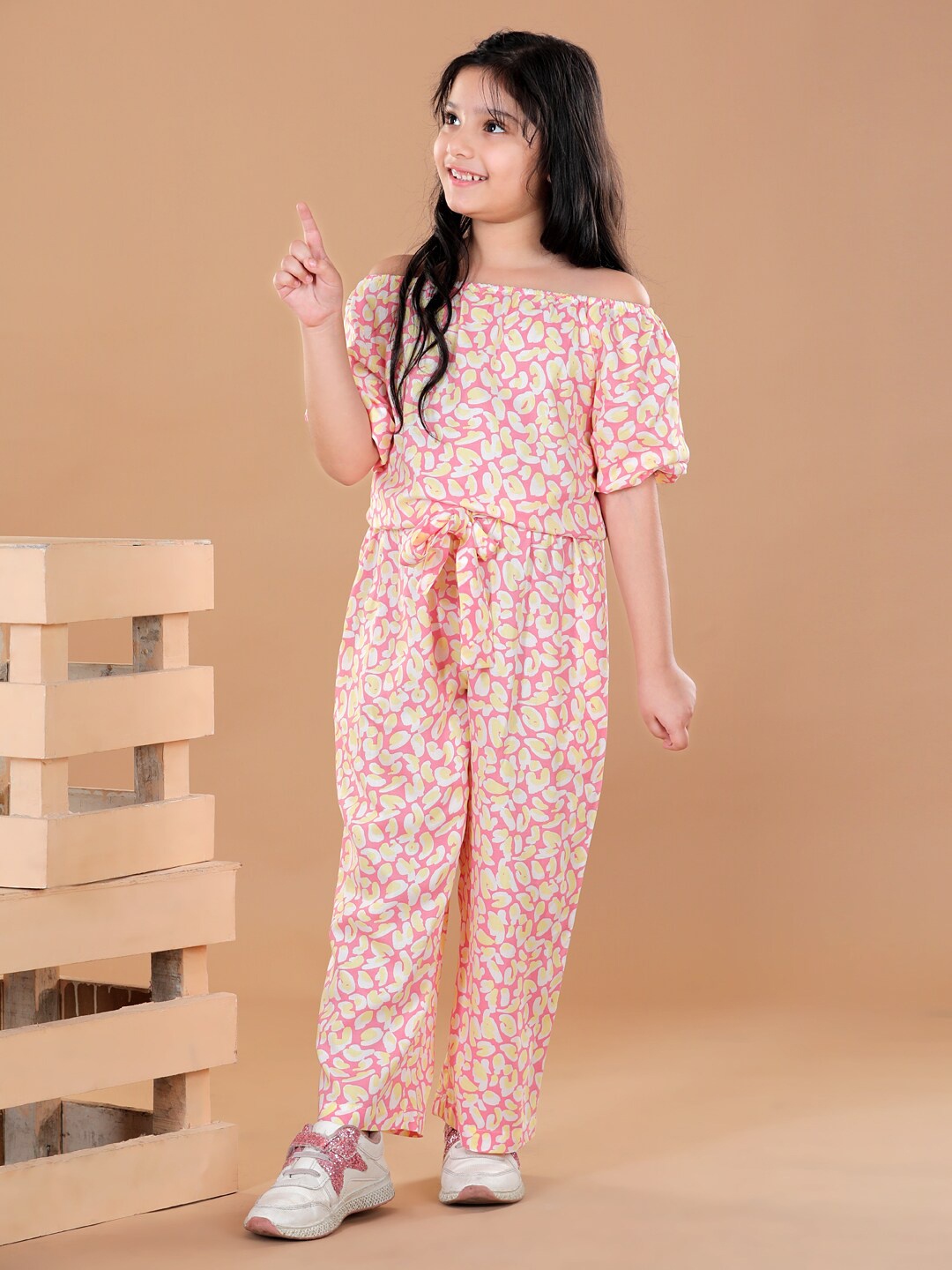 

StyleStone Girls Pink & White Off-Shoulder Printed Basic Jumpsuit