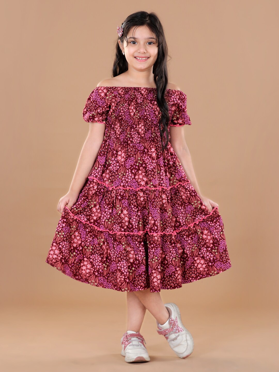 

StyleStone Girls Maroon & Pink Floral Printed Off-Shoulder Smocked A-Line Midi Dress