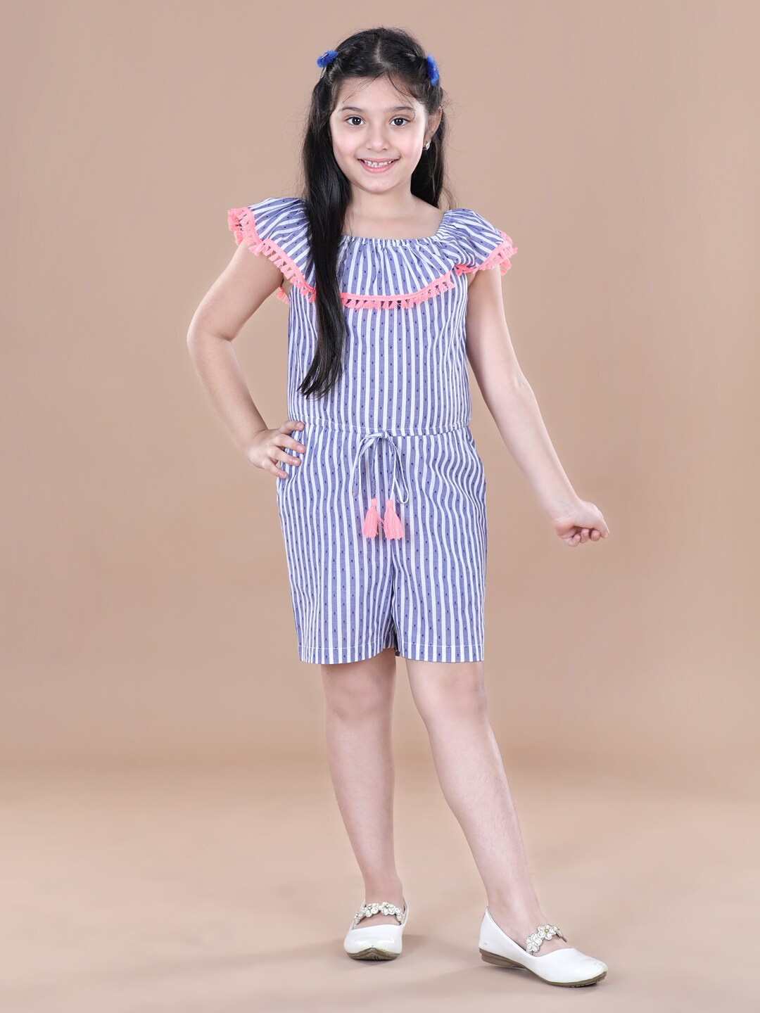 

StyleStone Girls Blue & White Striped Playsuit With Ruffles