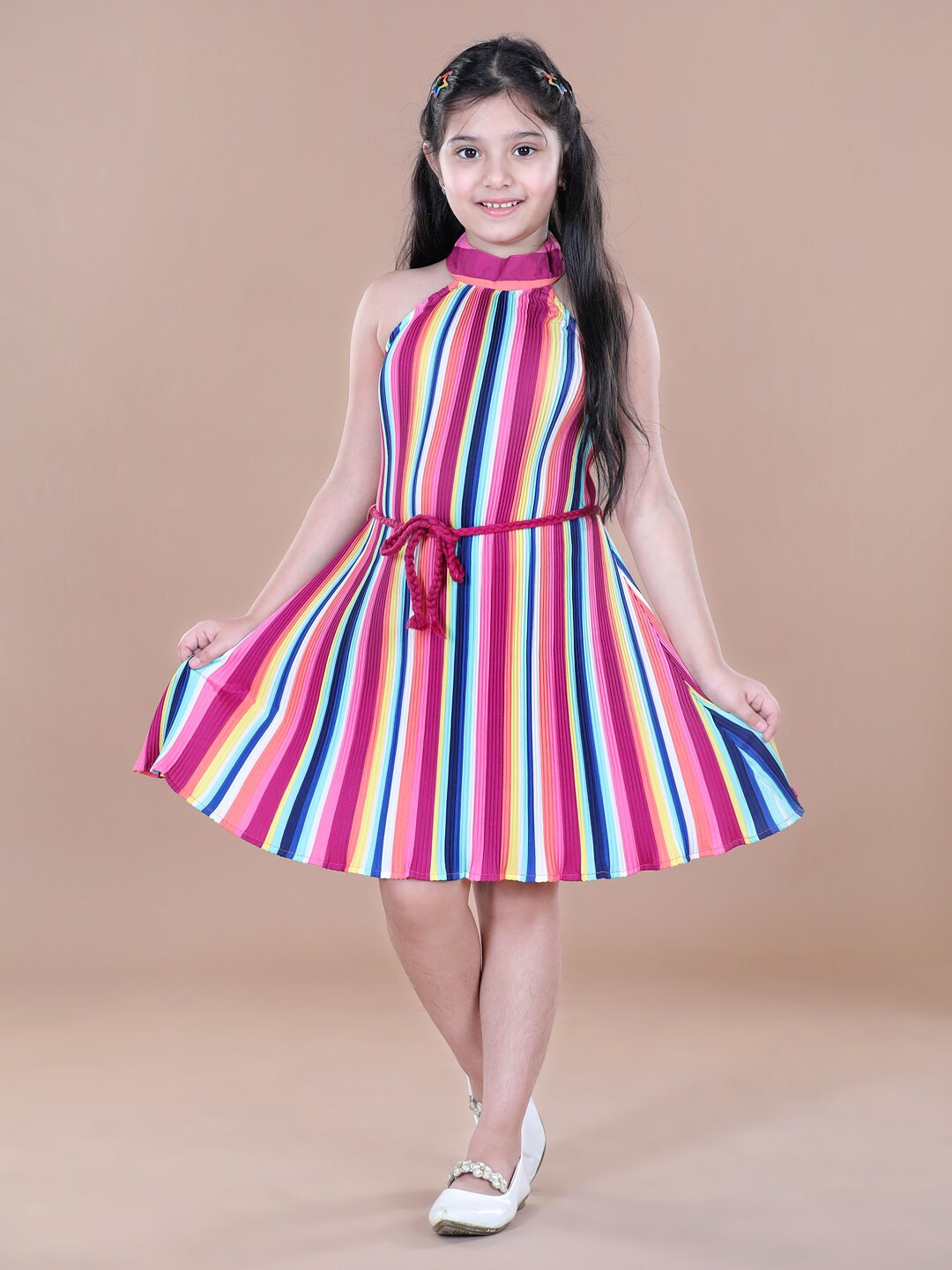 

StyleStone Girls Multicoloured Striped Choker Neck Crepe A-Line Dress, Multi