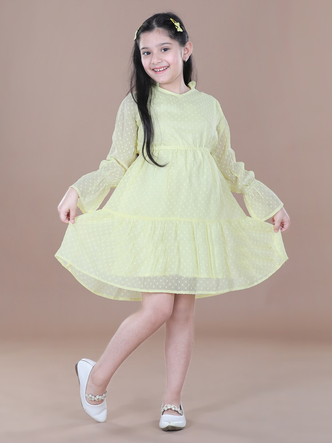 

StyleStone Girls Yellow Crepe Self Design Empire Dress