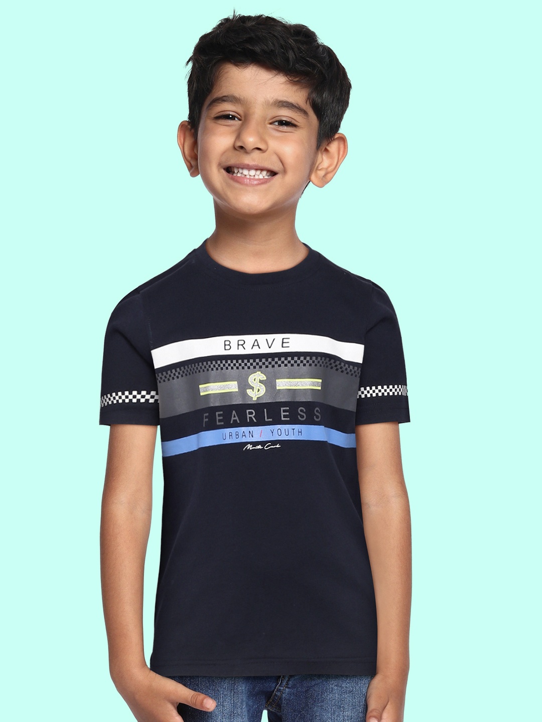 

Monte Carlo Boys Navy Blue & Charcoal Grey Striped Pure Cotton T-shirt