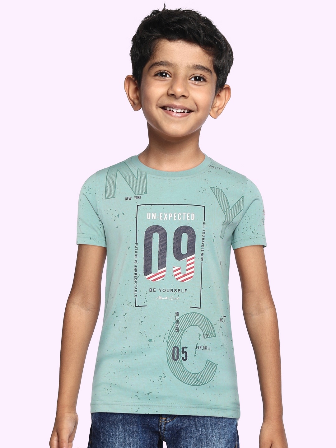 Monte Carlo Boys Sage Green & Black Typography Printed Pure Cotton T-shirt