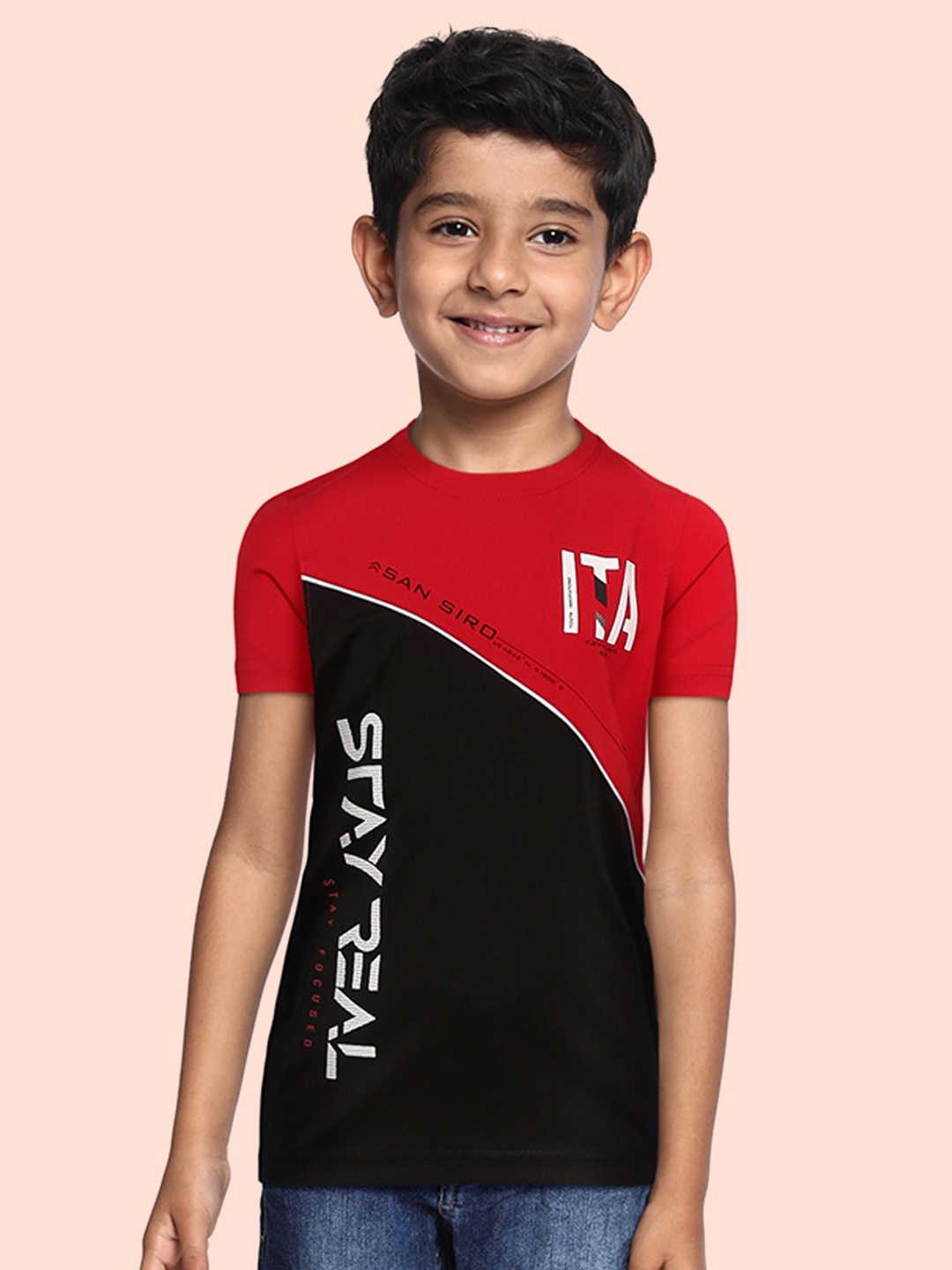 

Monte Carlo Boys Red & Black Pure Cotton Colourblocked T-shirt