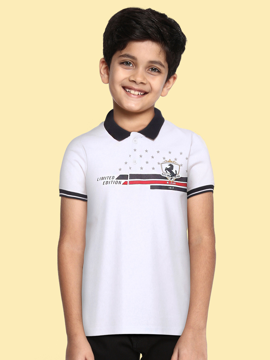 

Monte Carlo Boys White & Navy Blue Typography Printed Polo Collar T-shirt