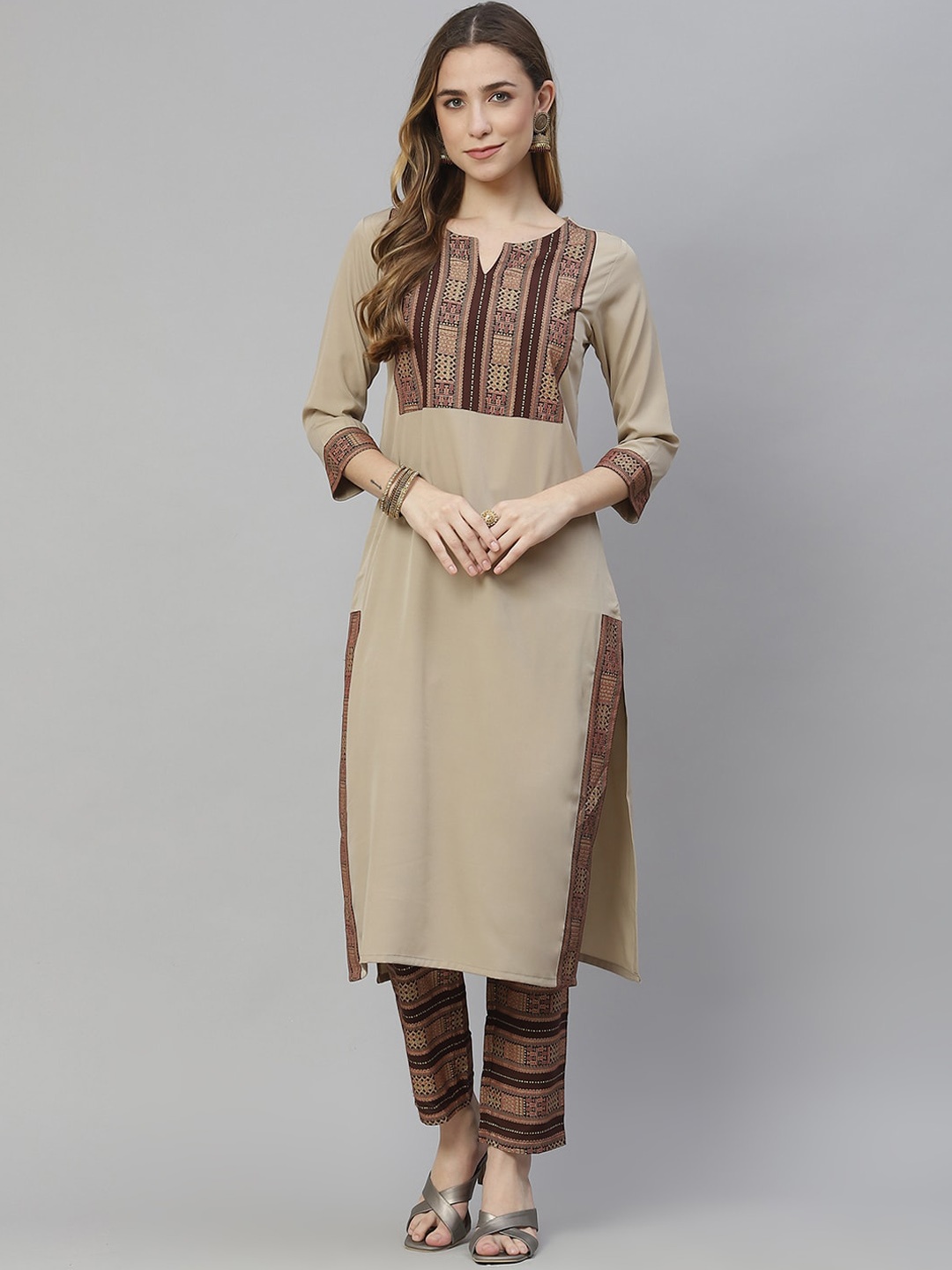 

ZIYAA Women Beige Floral Yoke Design Kurta with Trousers
