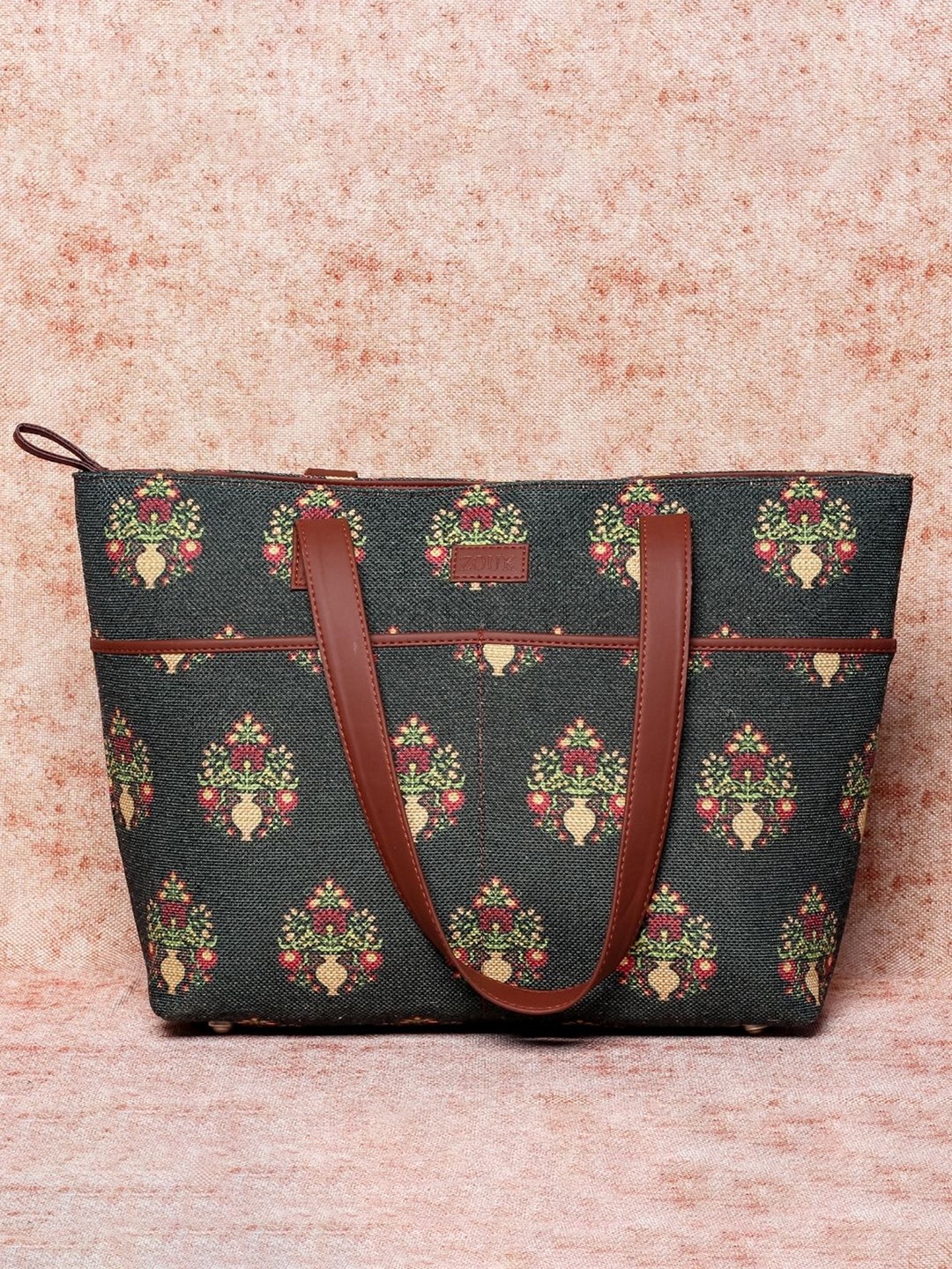 

ZOUK Green & Brown Ethnic Motifs Printed Structured Shoulder Bag