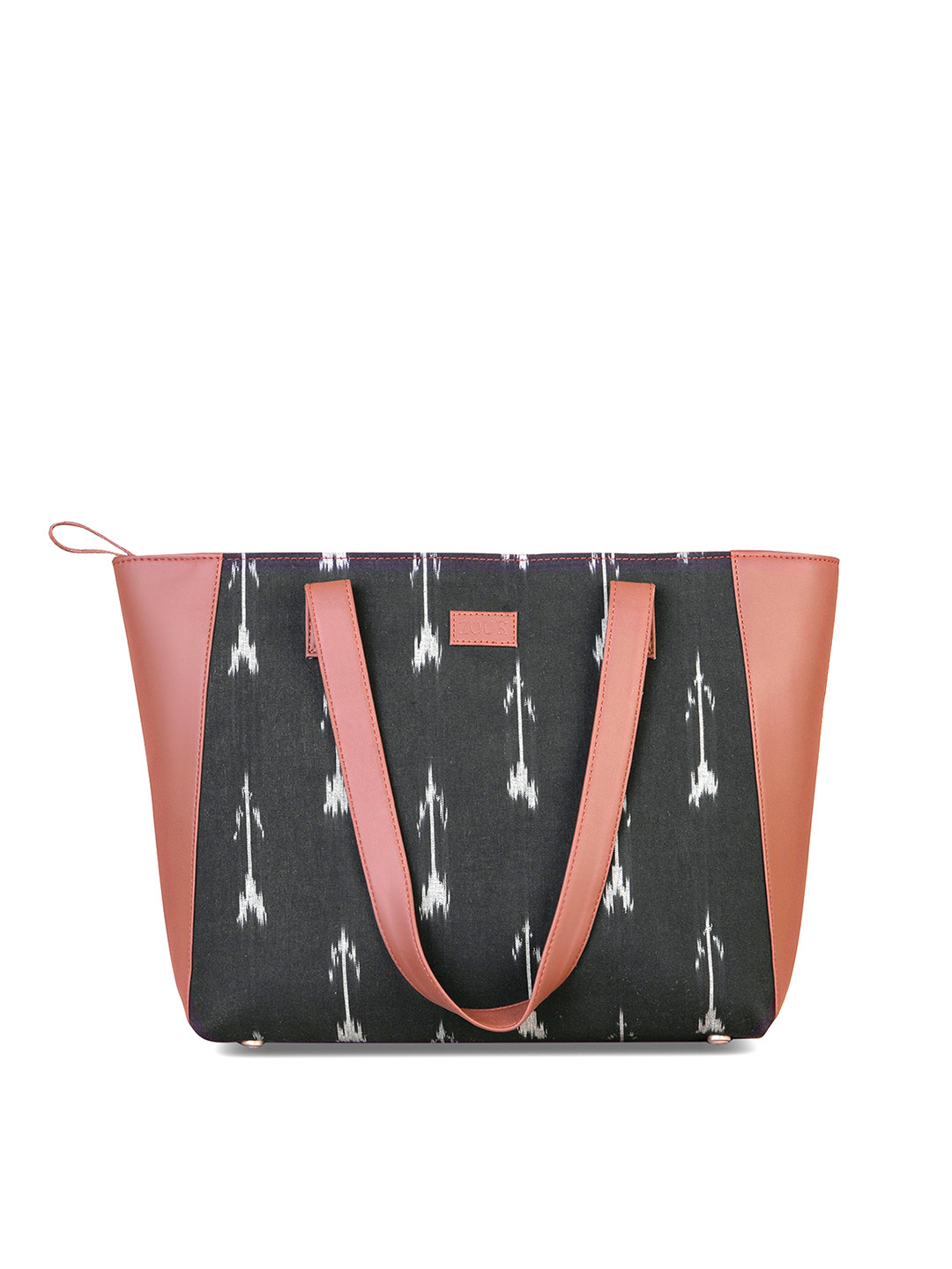 

ZOUK Black & Peach Coloured Ikat Printed Structured Jute Shoulder Bag