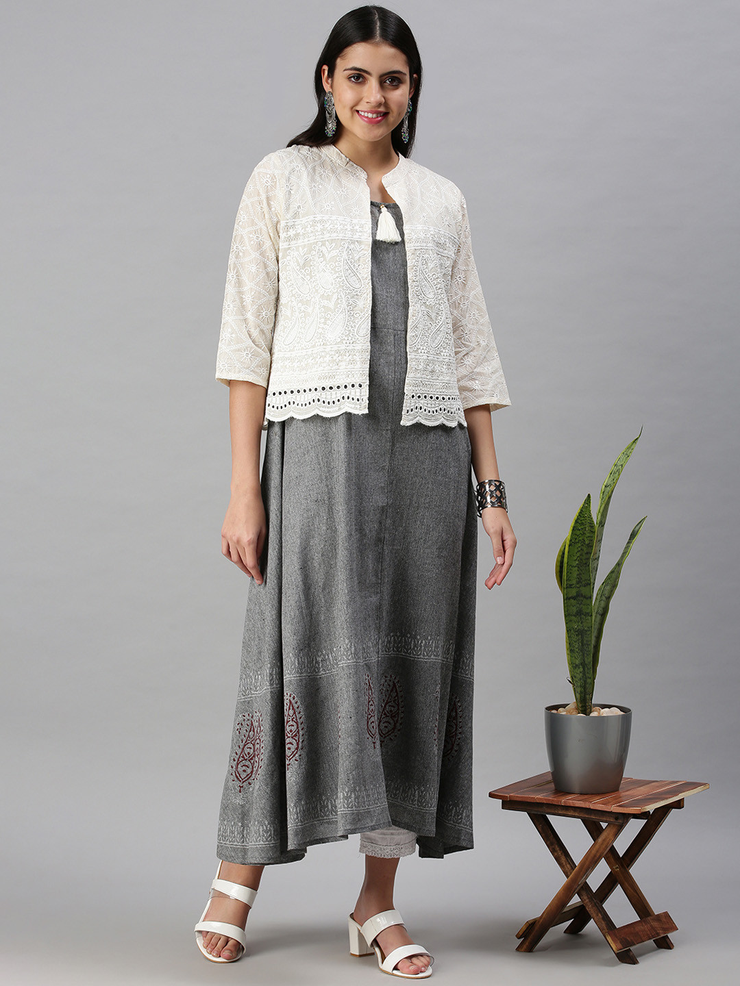 

SHOWOFF Women Grey Thread Work Anarkali Kurta With Waistcoat