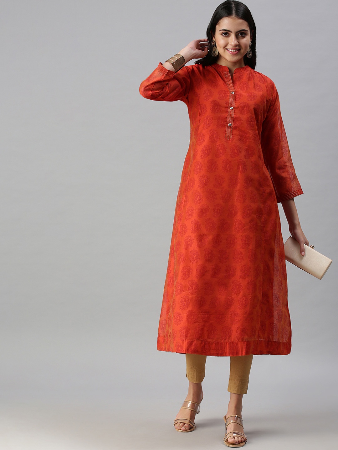 

SHOWOFF Women Orange Striped Kurta