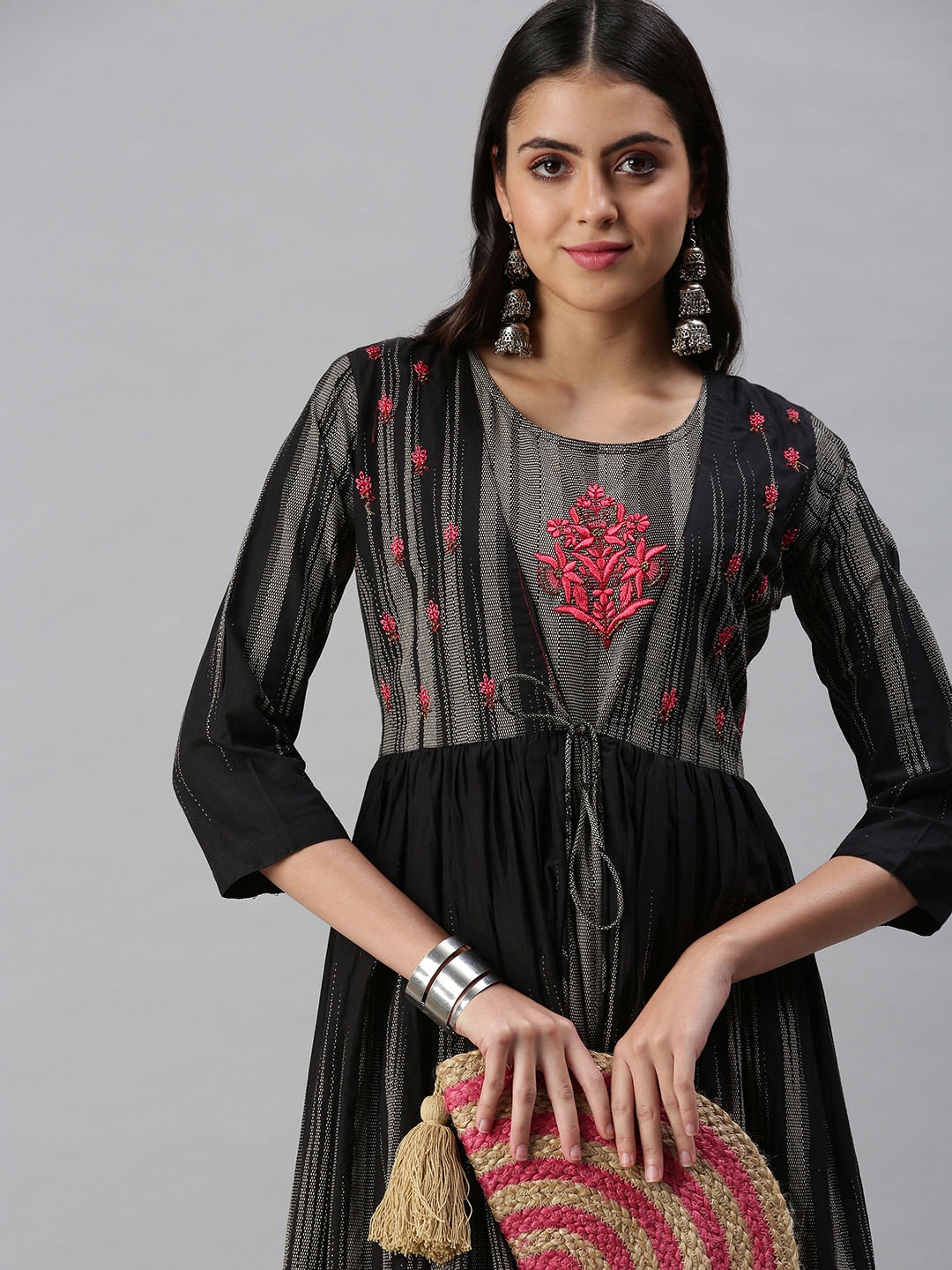 

SHOWOFF Women Grey & Black Ethnic Motifs Embroidered A-line Kurta