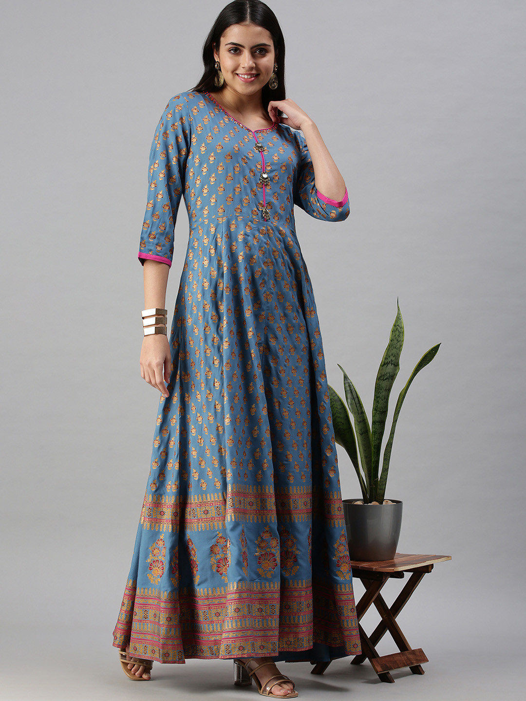 

SHOWOFF Women Blue Geometric Checked Anarkali Kurta
