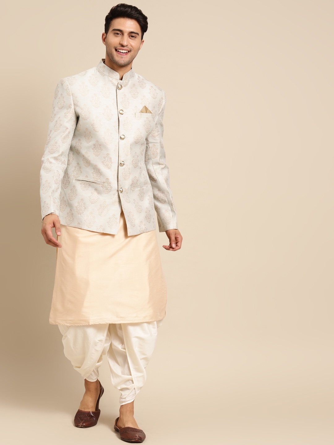 

KISAH Floral Printed Straight Kurta Dhoti Pant & Jodhpuri Bandhgala Set, Cream