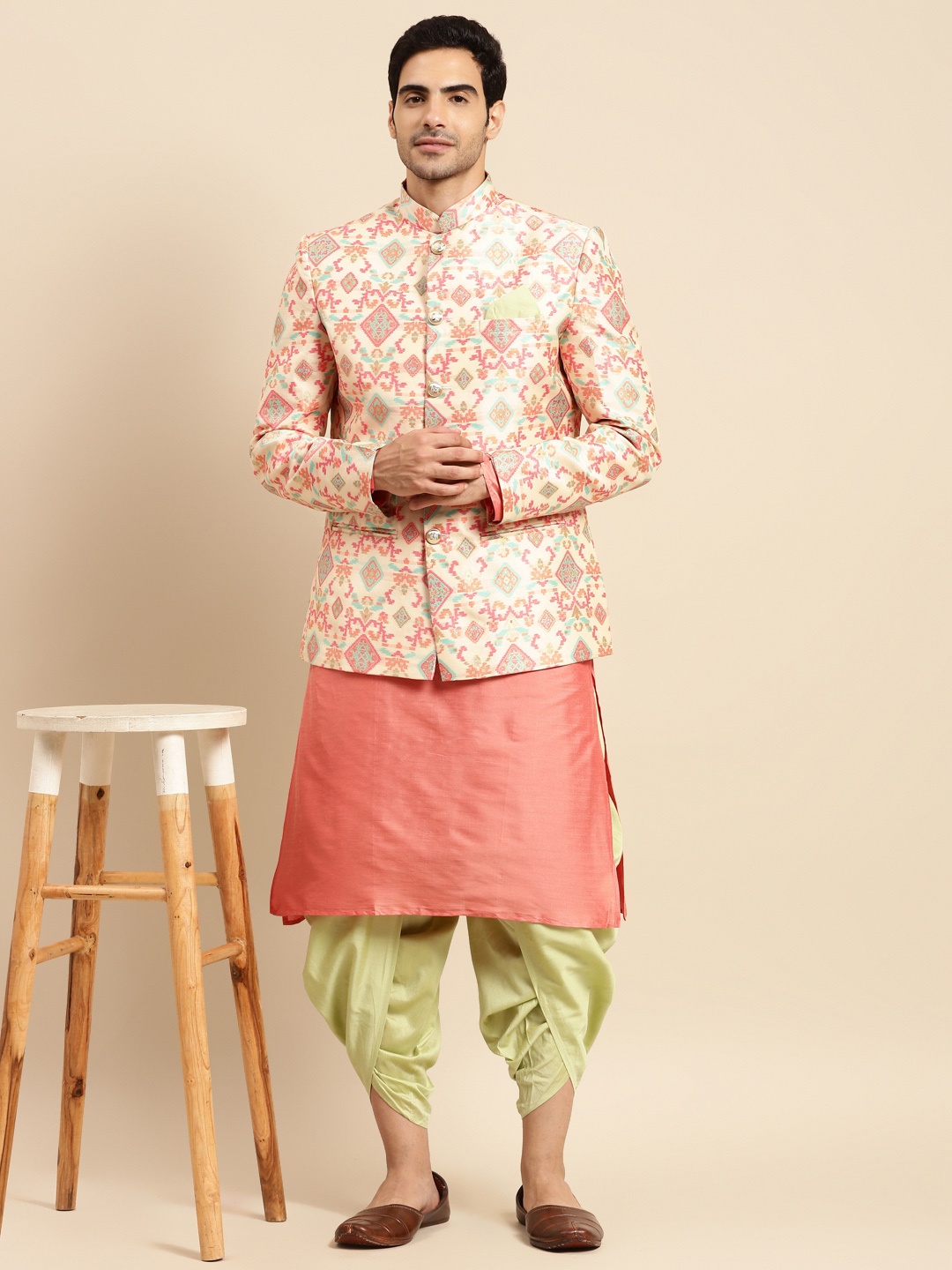 

KISAH Men Kurta Dhoti Pants & Jodhpuri Bandhgala Set, Peach