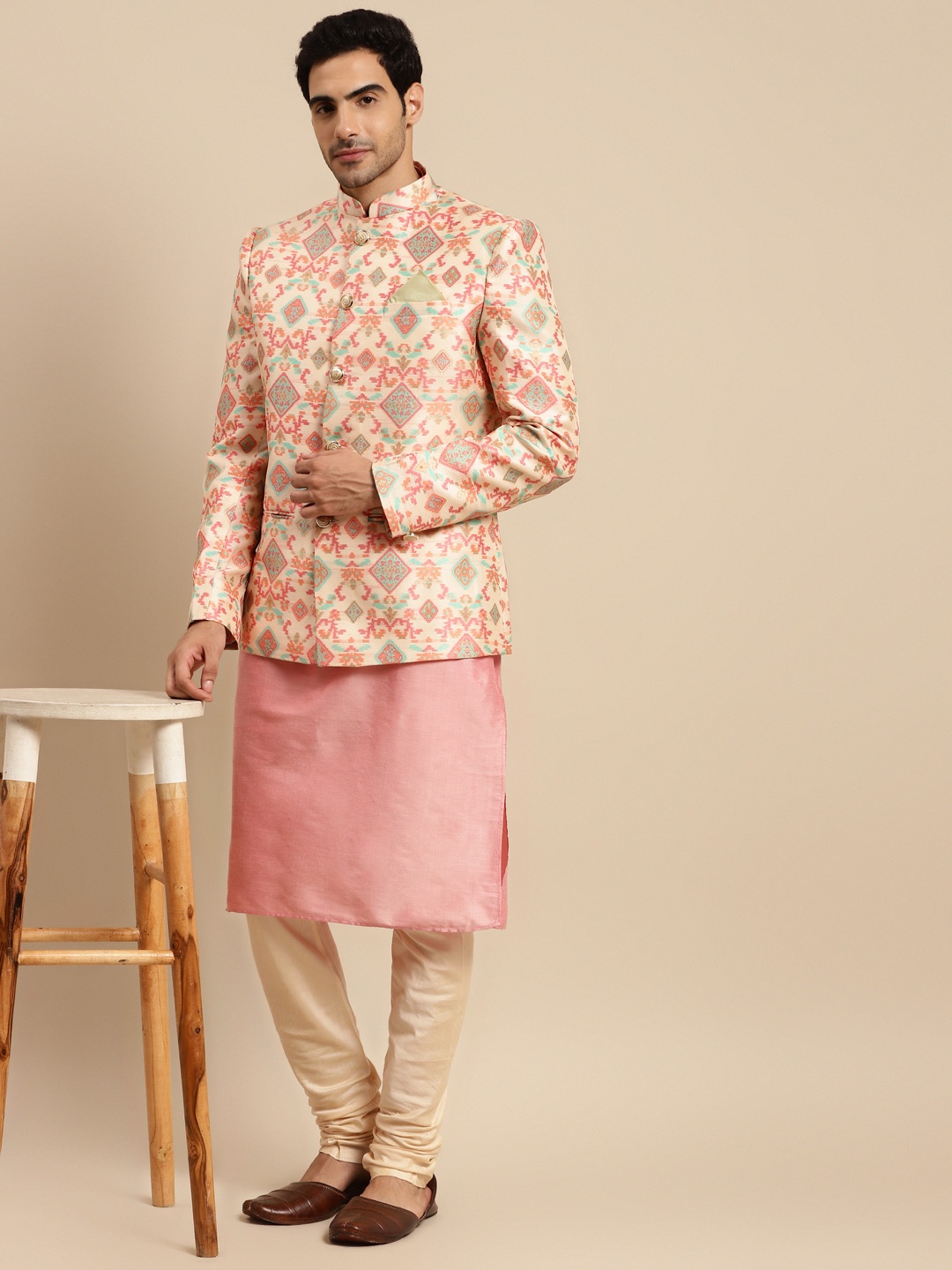 

KISAH Men Pink & Beige Kurta with Churidar Bandhgala Jacket