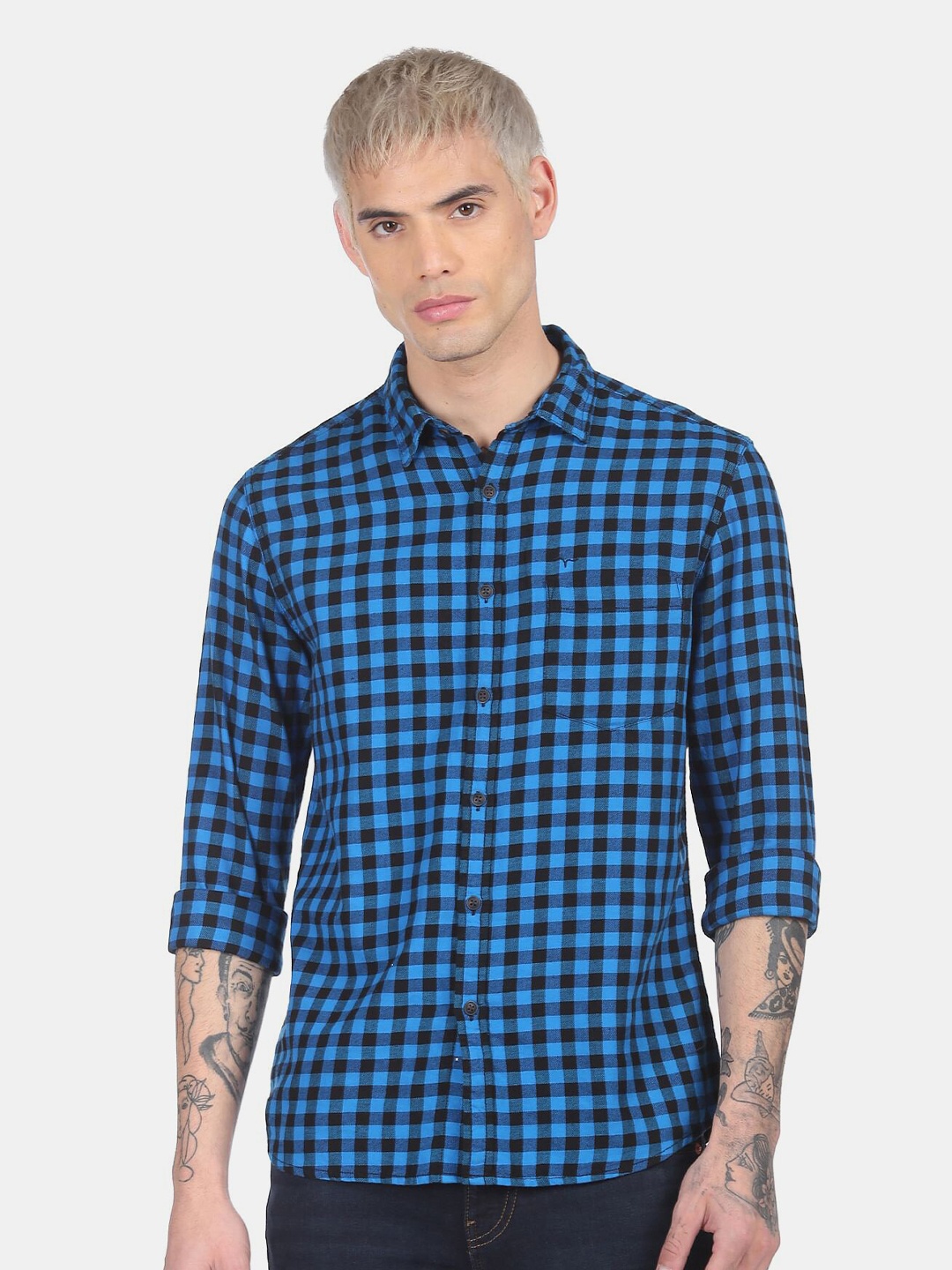 

Flying Machine Men Blue Checked Pure Cotton Casual Shirt