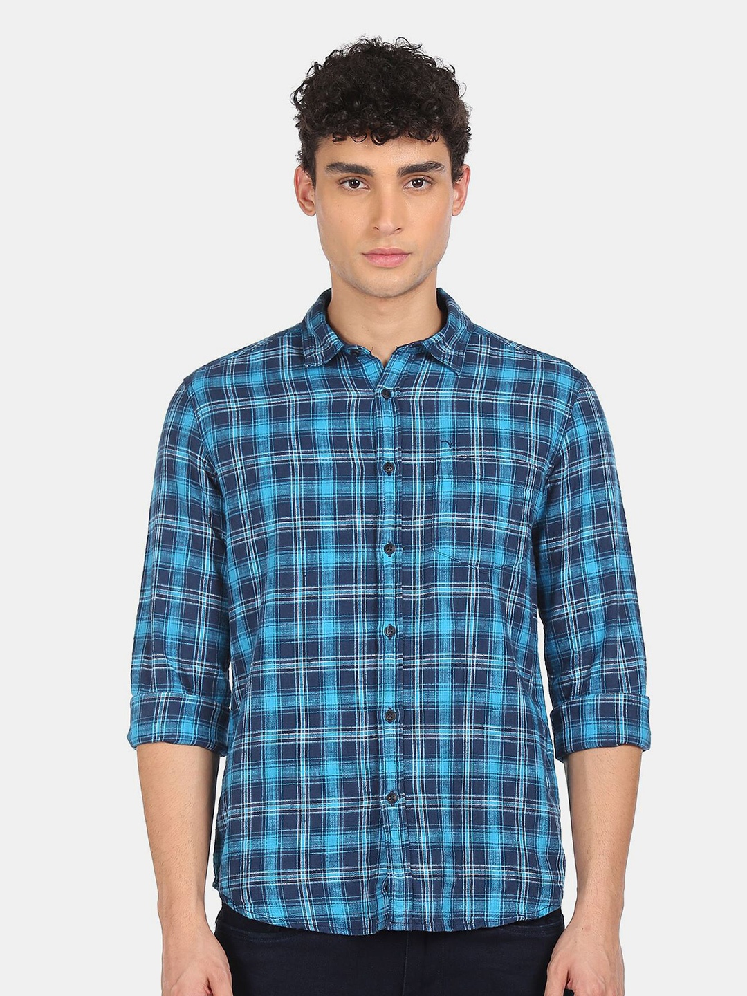 

Flying Machine Men Blue Checked Casual Pure Cotton Shirt