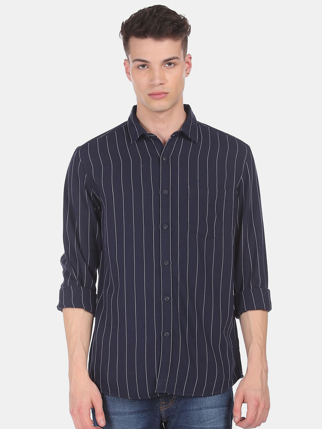 

Flying Machine Men Blue Striped Casual Shirt