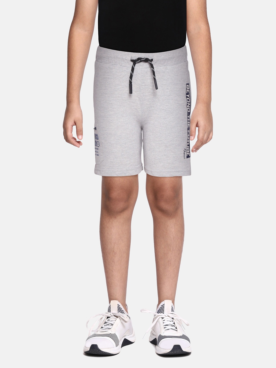 

Monte Carlo Boys Grey Melange & Navy Blue Pure Cotton Typography Print Shorts